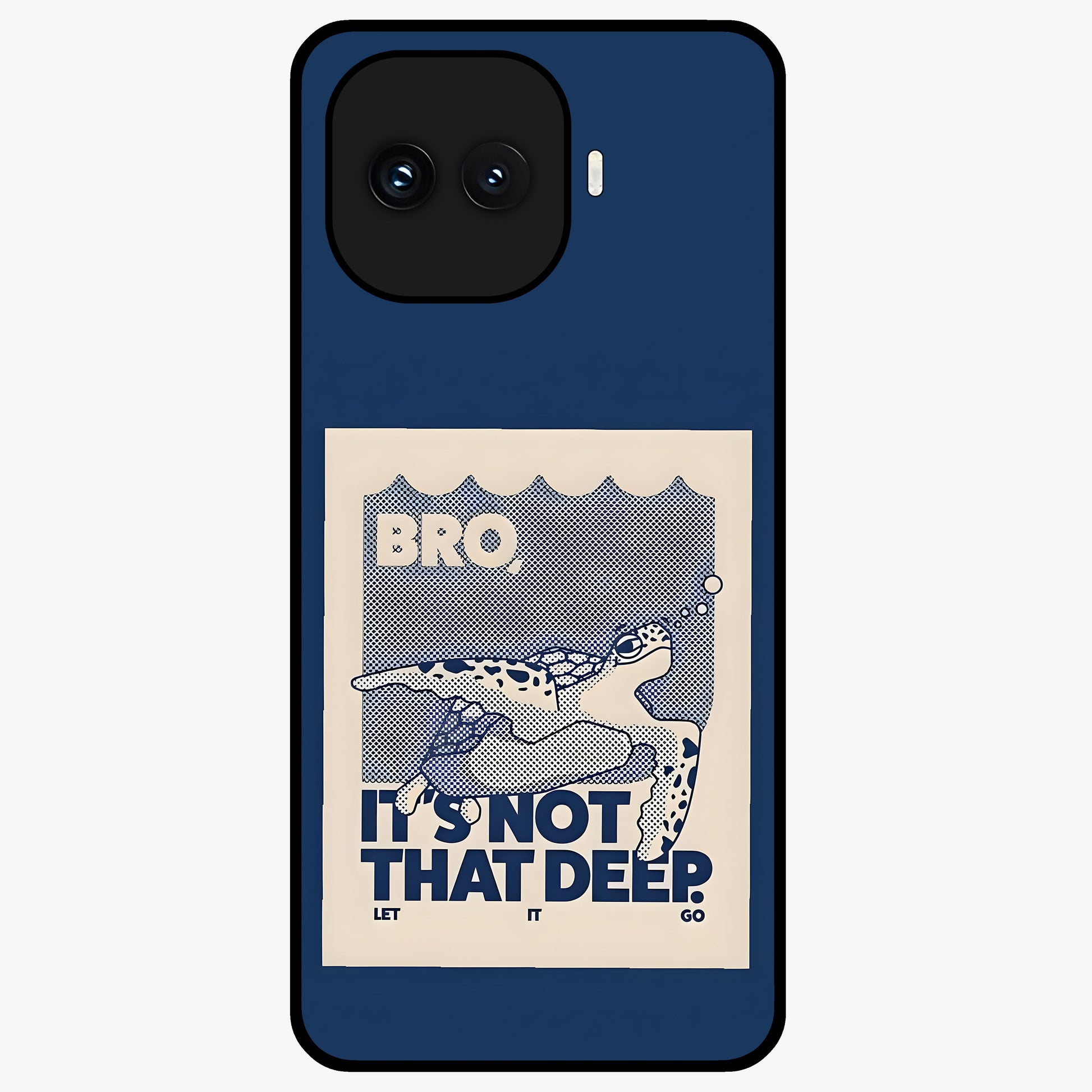 Worry Less Swim Glass Case showing flat back view with playful motivational artwork and glossy glass finish.