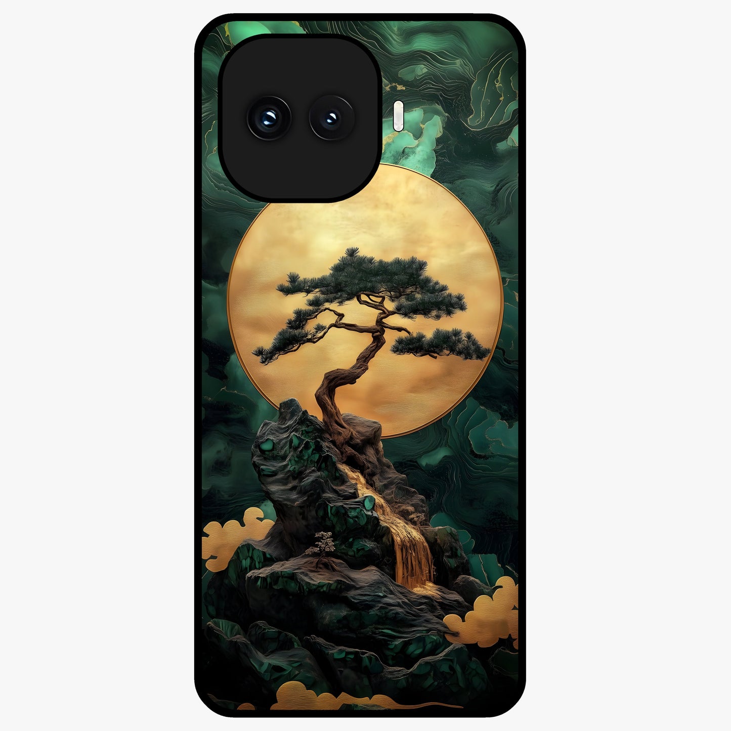 Zen Moon Rise Glass Case showing flat back view with calm moonrise artwork and glossy glass finish.
