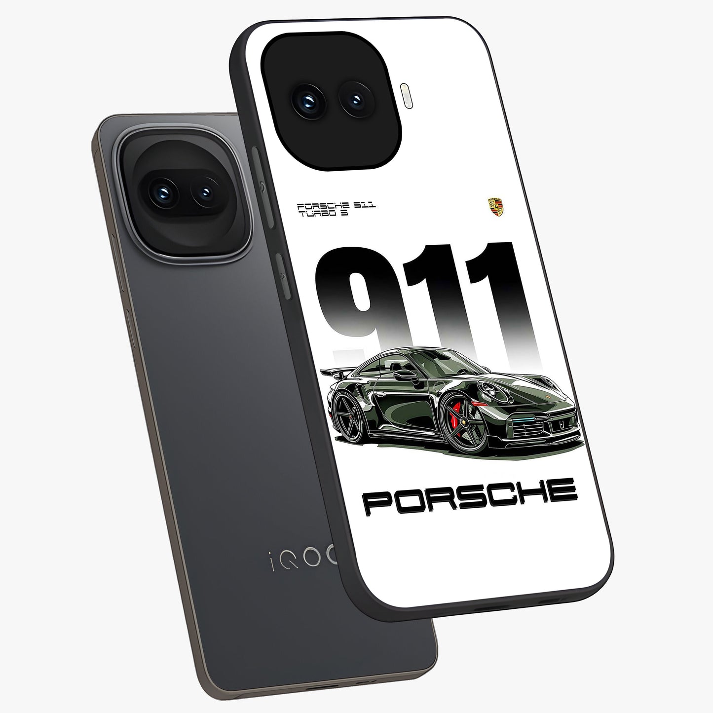 911 Turbo Dominance Glass Case displayed in premium angled mockup highlighting sporty car illustration and sleek glass surface.