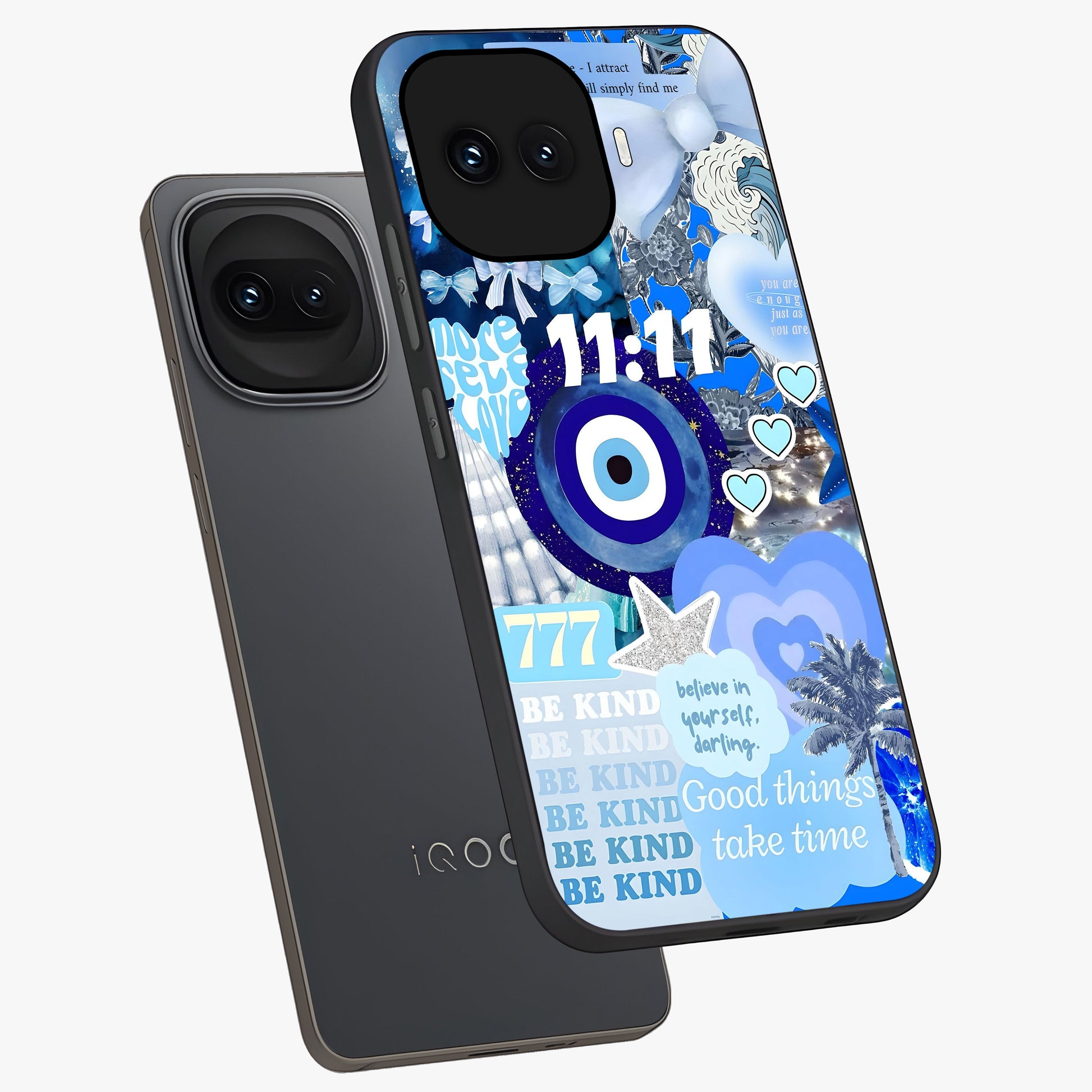 Aesthetic Be Kind Eye Glass Case displayed in angled mockup highlighting aesthetic eye design and inspirational vibe.