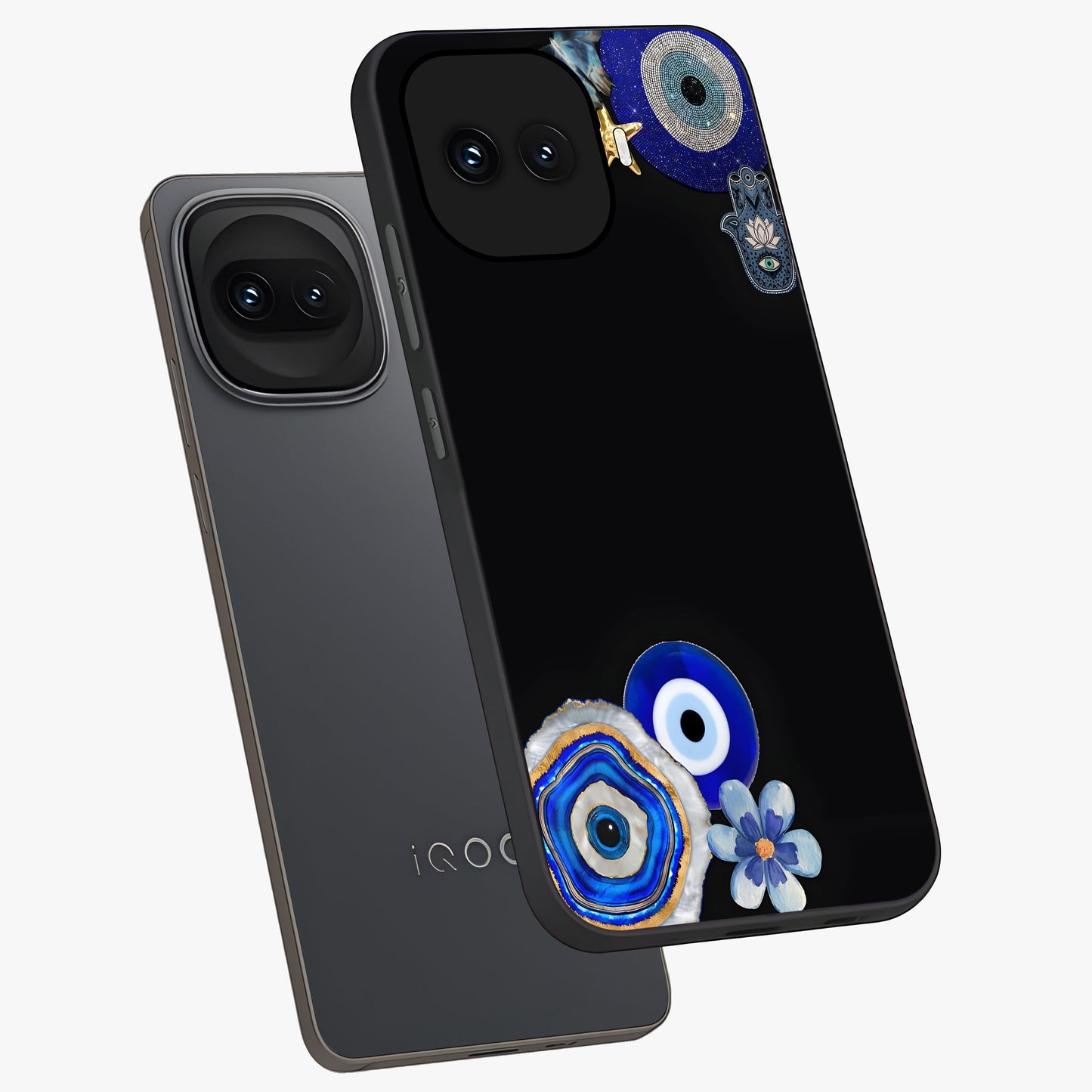 Aesthetic Blue Evil Eye Glass Case displayed in angled mockup highlighting blue evil eye symbol and spiritual aesthetic design.