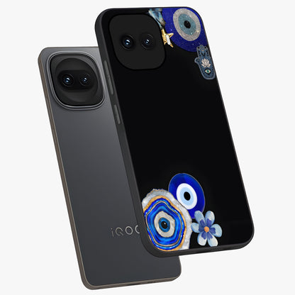 Aesthetic Blue Evil Eye Glass Case displayed in angled mockup highlighting blue evil eye symbol and spiritual aesthetic design.