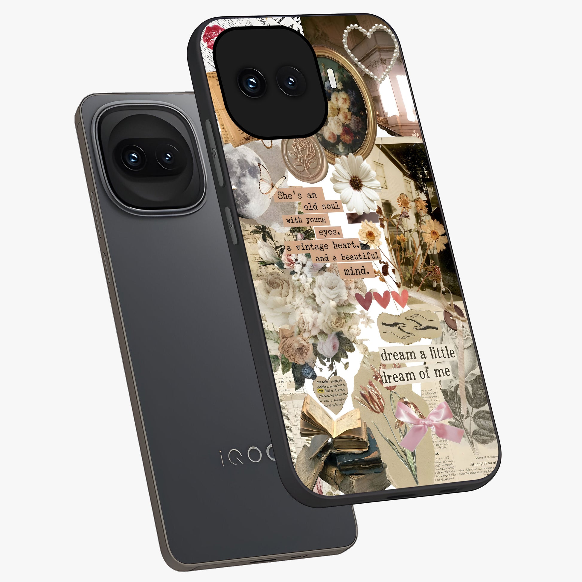 Aesthetic Brown Vintage Collage Glass Case displayed in angled mockup highlighting vintage aesthetic collage design.