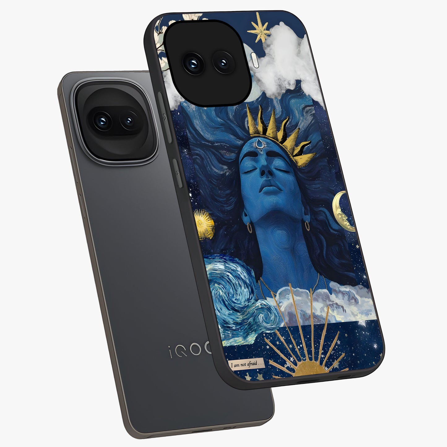 Aesthetic Lord Shiva Glass Case displayed in angled mockup highlighting spiritual Shiva illustration and sacred aesthetic design.