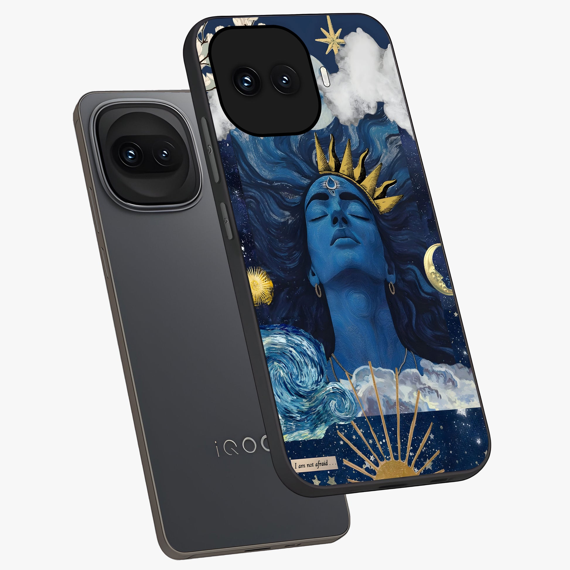 Aesthetic Lord Shiva Glass Case displayed in angled mockup highlighting spiritual Shiva illustration and sacred aesthetic design.