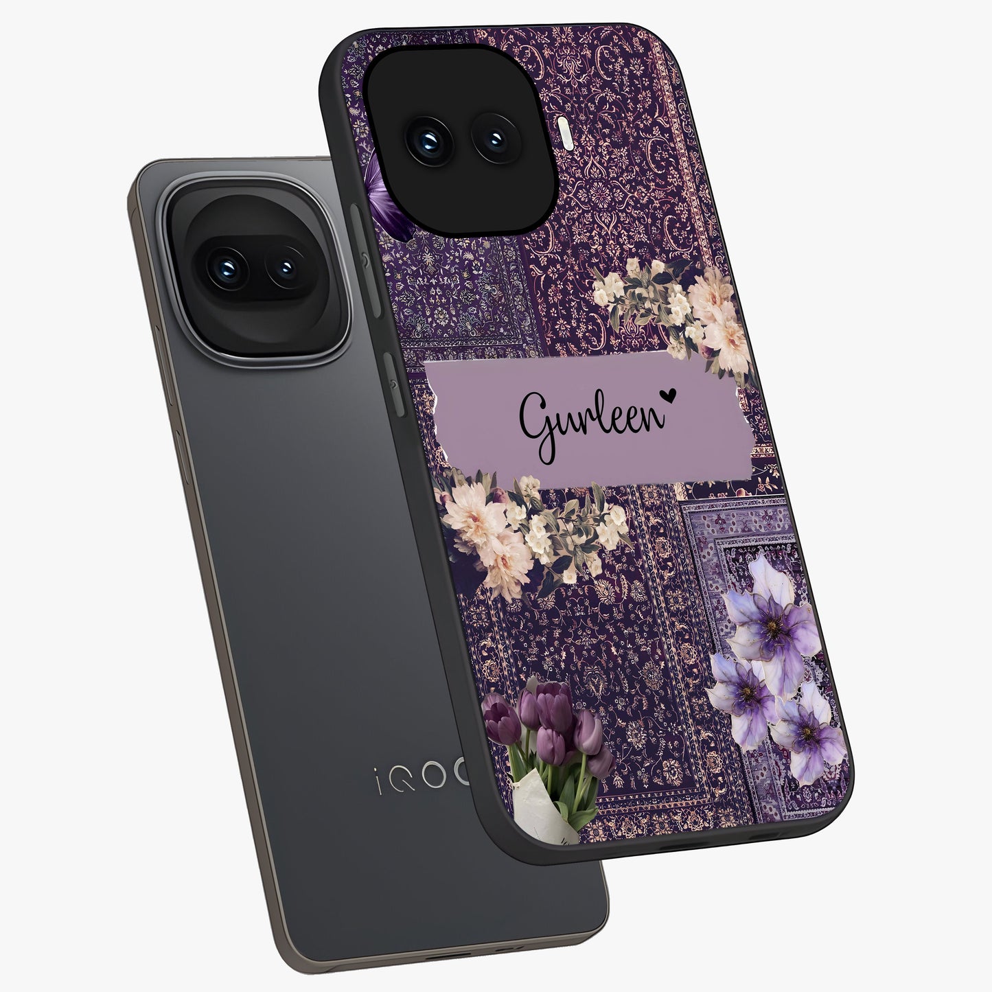 Antique Floral Whisper Custom Name Glass Case displayed in angled mockup highlighting elegant antique floral aesthetic.