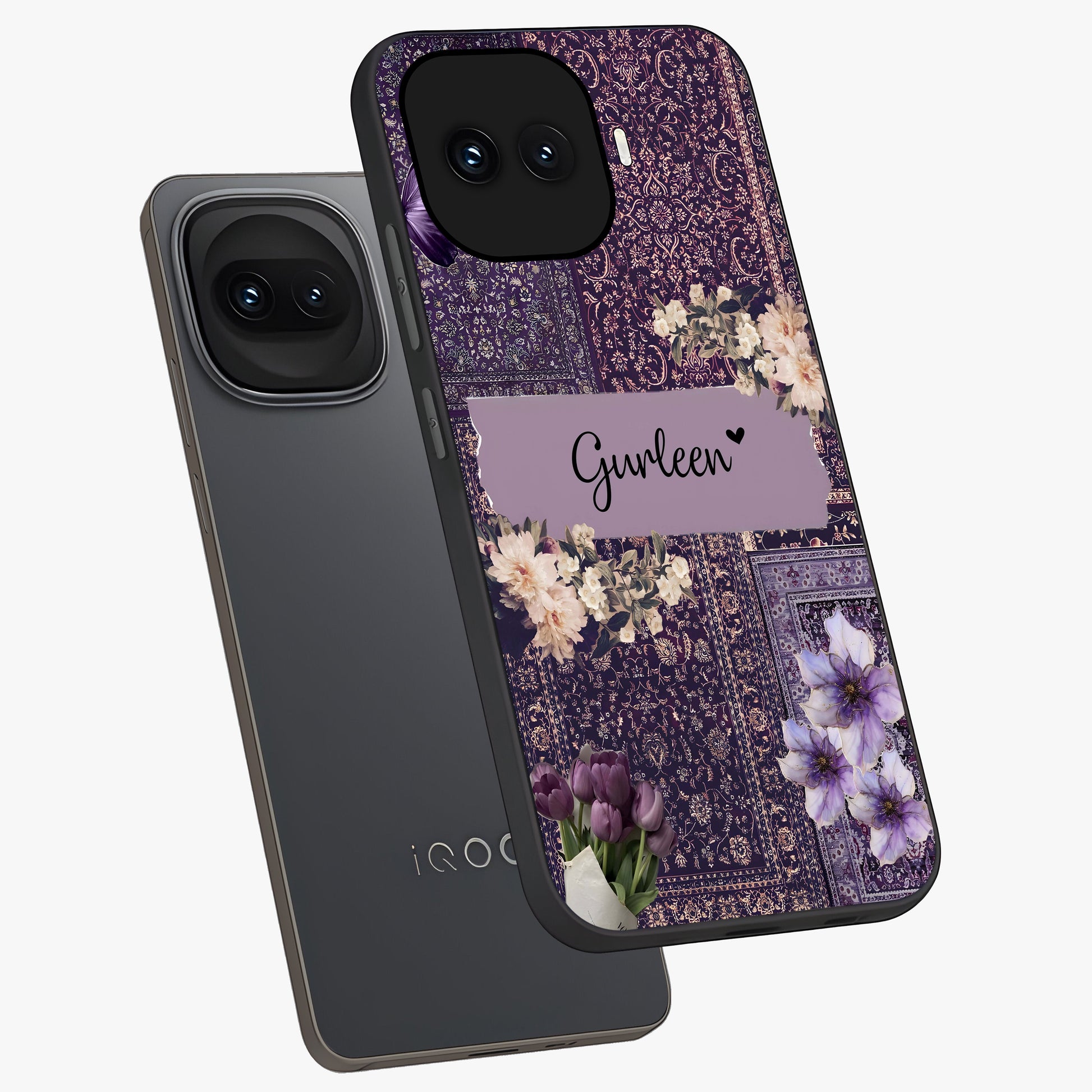 Antique Floral Whisper Custom Name Glass Case displayed in angled mockup highlighting elegant antique floral aesthetic.