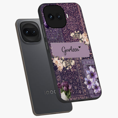Antique Floral Whisper Custom Name Glass Case displayed in angled mockup highlighting elegant antique floral aesthetic.