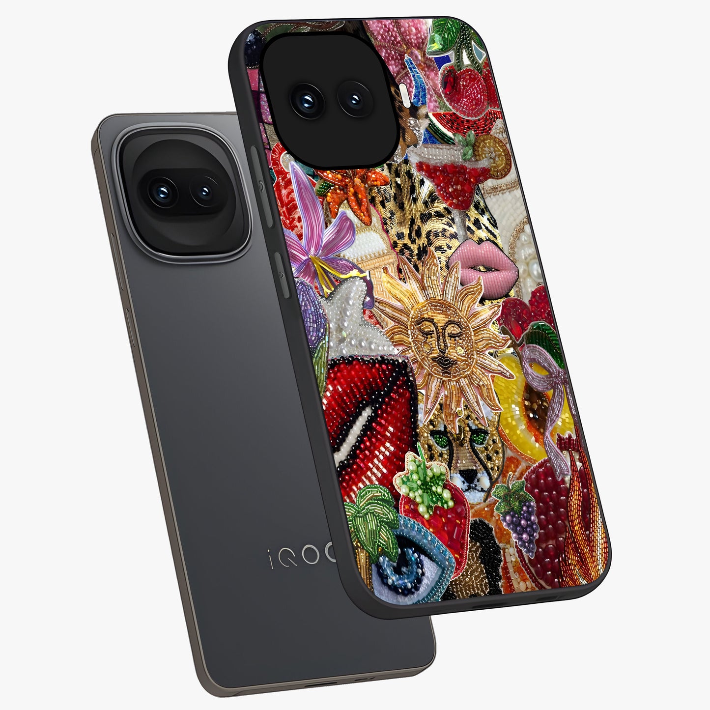 Beaded Fashion Jungle Glass Case displayed in angled mockup highlighting colorful fashion bead design and artistic pattern.