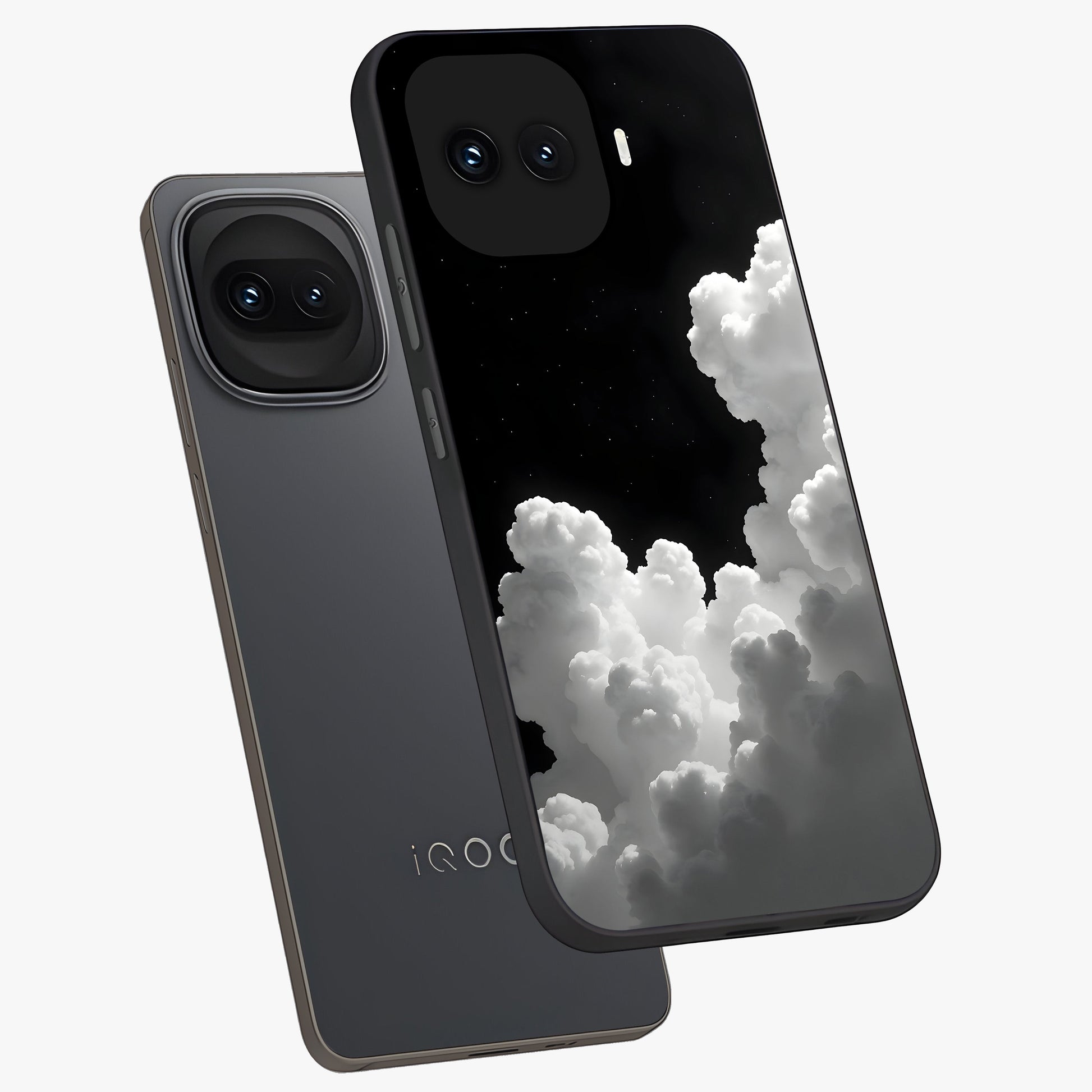 Black Background With White Cloud Glass Case displayed in angled mockup highlighting soft white cloud illustration and minimal design.