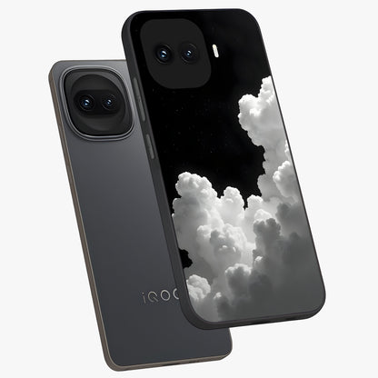 Black Background With White Cloud Glass Case displayed in angled mockup highlighting soft white cloud illustration and minimal design.