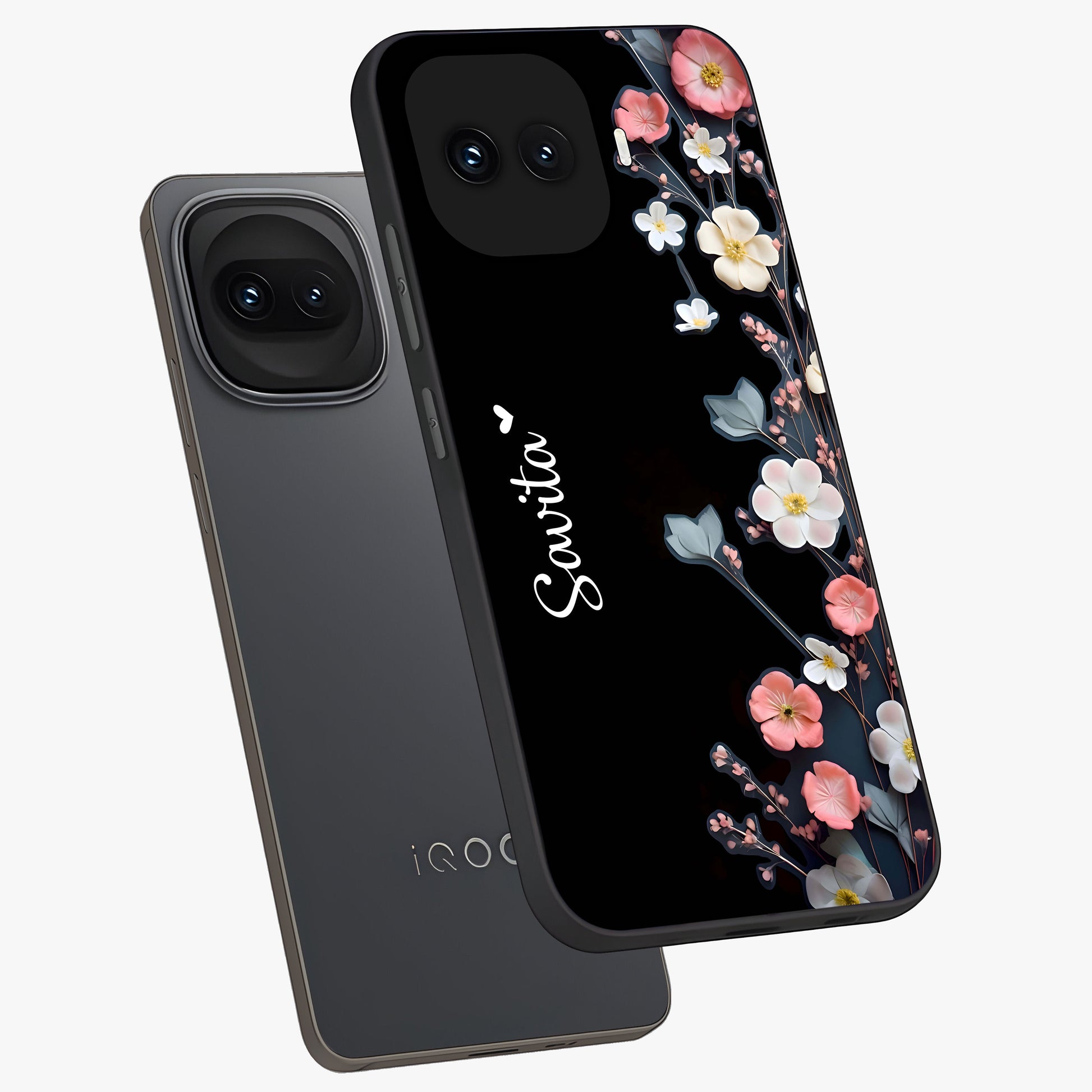 Black Elegance Floral Custom Name Glass Case displayed in angled mockup highlighting dark floral aesthetic and custom name feature.