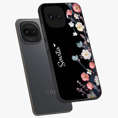 Black Elegance Floral Custom Name Glass Case displayed in angled mockup highlighting dark floral aesthetic and custom name feature.