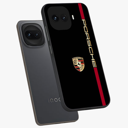 Black Minimal Porsche Glass Case displayed in angled mockup highlighting modern minimal car illustration and clean aesthetic design.