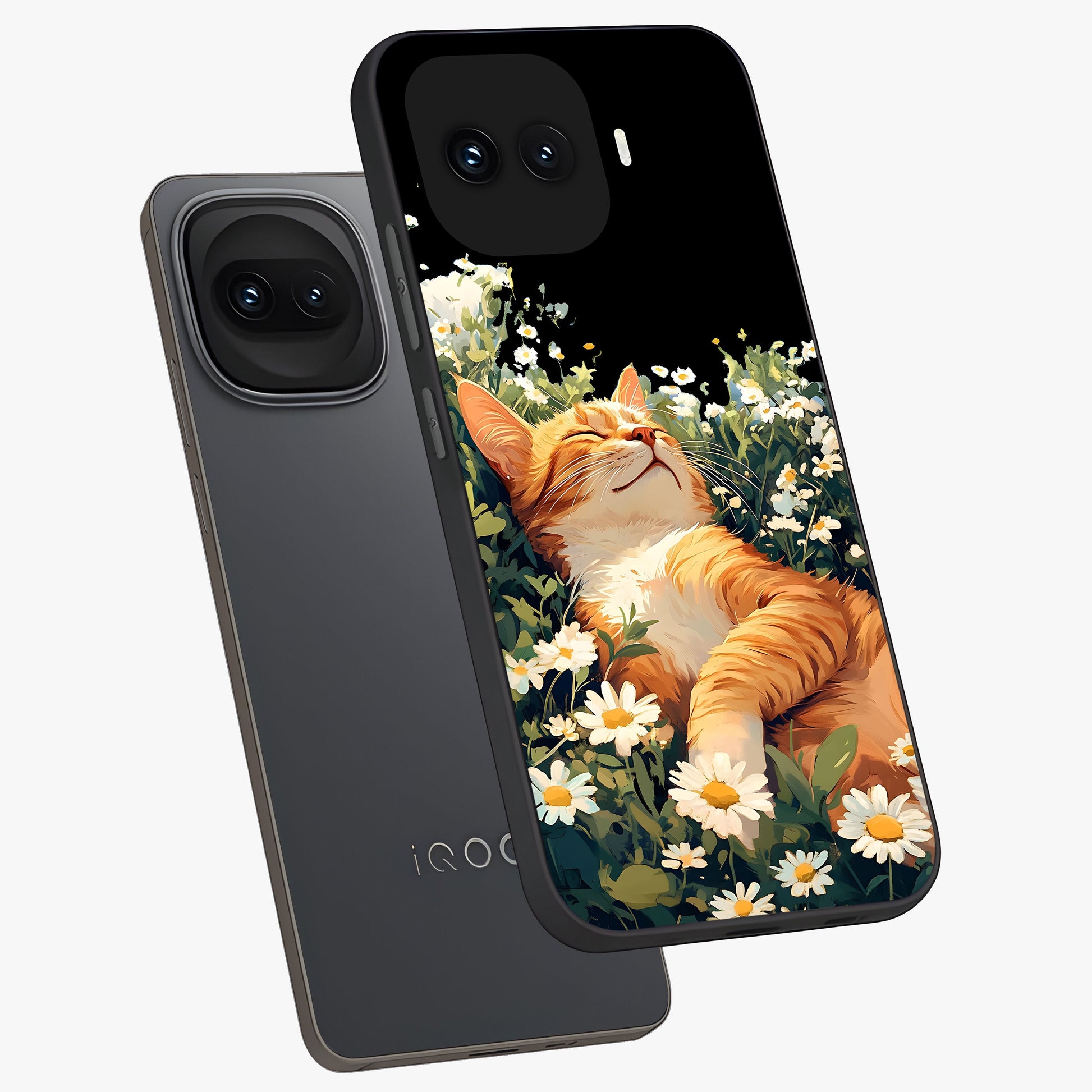 Blissful Bloom Cat Glass Case displayed in angled mockup highlighting playful feline illustration with soft floral aesthetic.