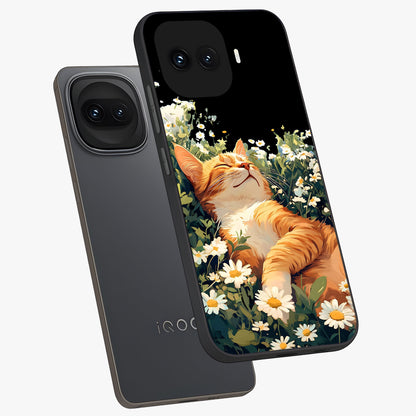 Blissful Bloom Cat Glass Case displayed in angled mockup highlighting playful feline illustration with soft floral aesthetic.