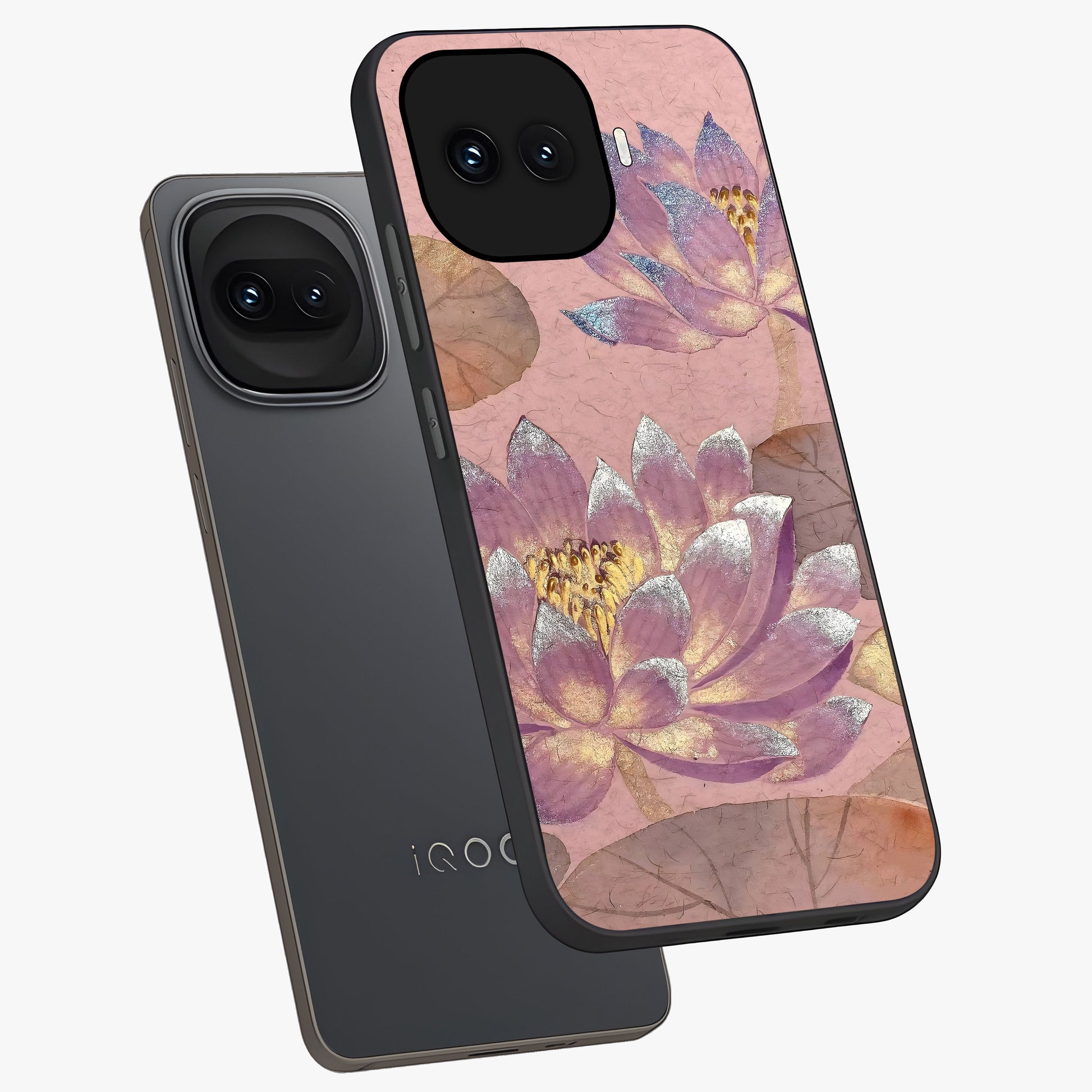 Blossom Mist Lotus Glass Case displayed in angled mockup highlighting delicate lotus illustration with calm aesthetic theme.