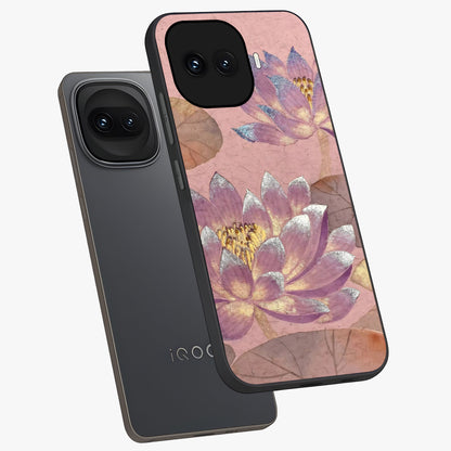 Blossom Mist Lotus Glass Case displayed in angled mockup highlighting delicate lotus illustration with calm aesthetic theme.