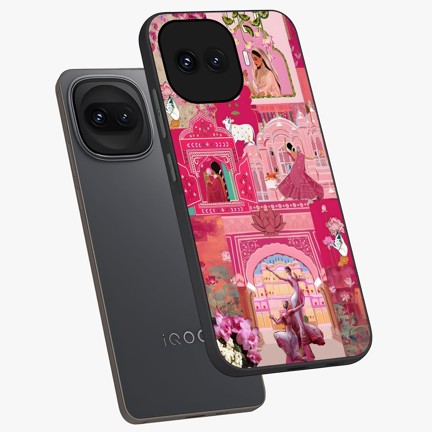 Blossoms of Rajasthan Glass Case displayed in angled mockup highlighting vibrant floral pattern with cultural aesthetic style.