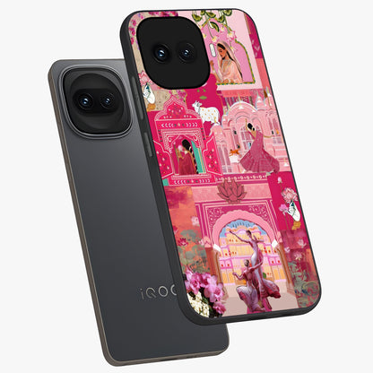 Blossoms of Rajasthan Glass Case displayed in angled mockup highlighting vibrant floral pattern with cultural aesthetic style.
