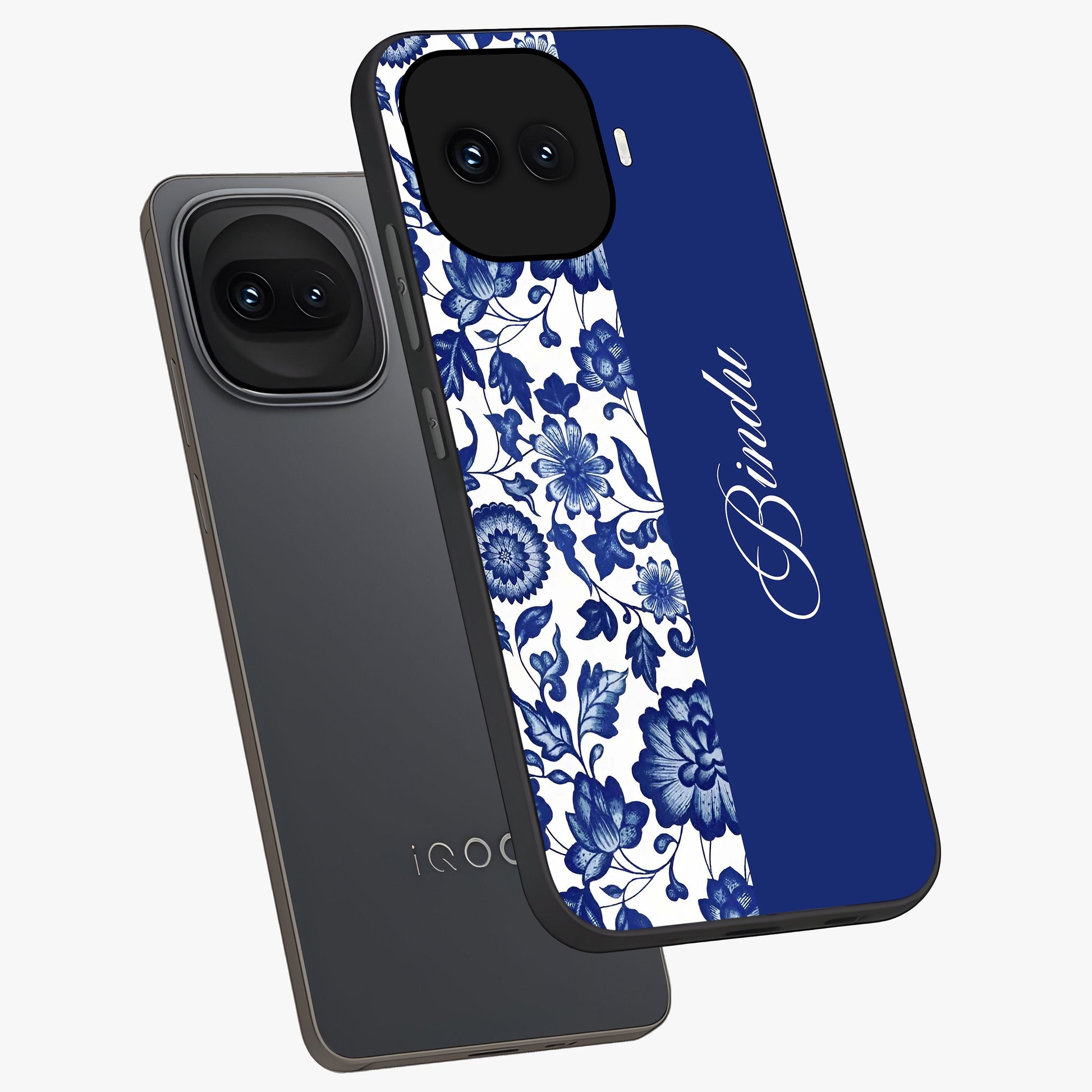 Blue Vintage Floral Pattern Glass Case displayed in angled mockup highlighting subtle bloom pattern with aesthetic pastel design.