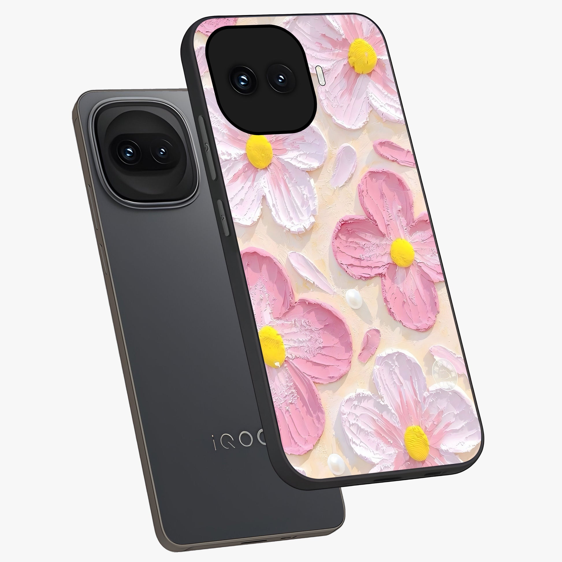 Blush Bloom Texture Glass Case displayed in angled mockup highlighting subtle bloom pattern with aesthetic pastel design.