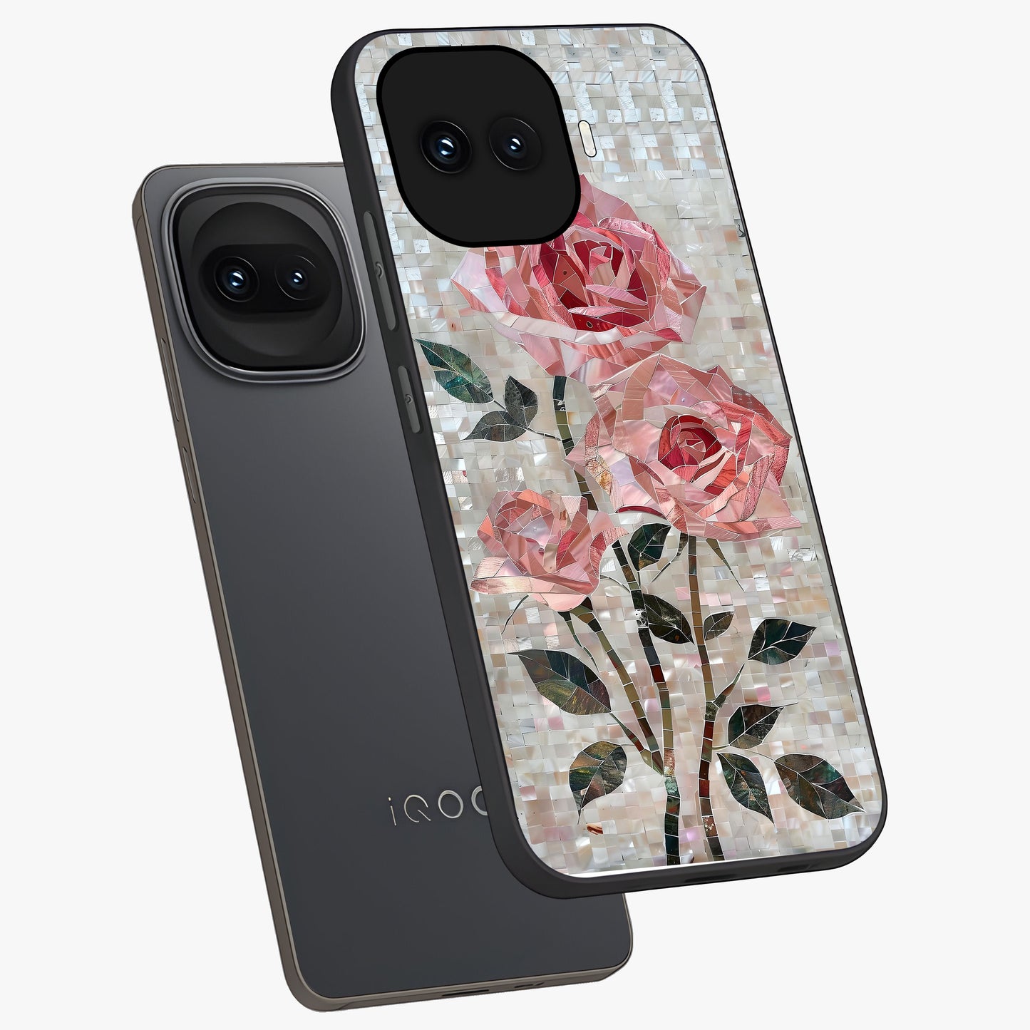 Blush Mosaic Bloom Glass Case displayed in angled mockup highlighting artistic mosaic flower pattern with aesthetic design.