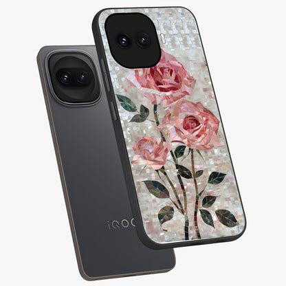 Blush Mosaic Bloom Glass Case displayed in angled mockup highlighting artistic mosaic flower pattern with aesthetic design.