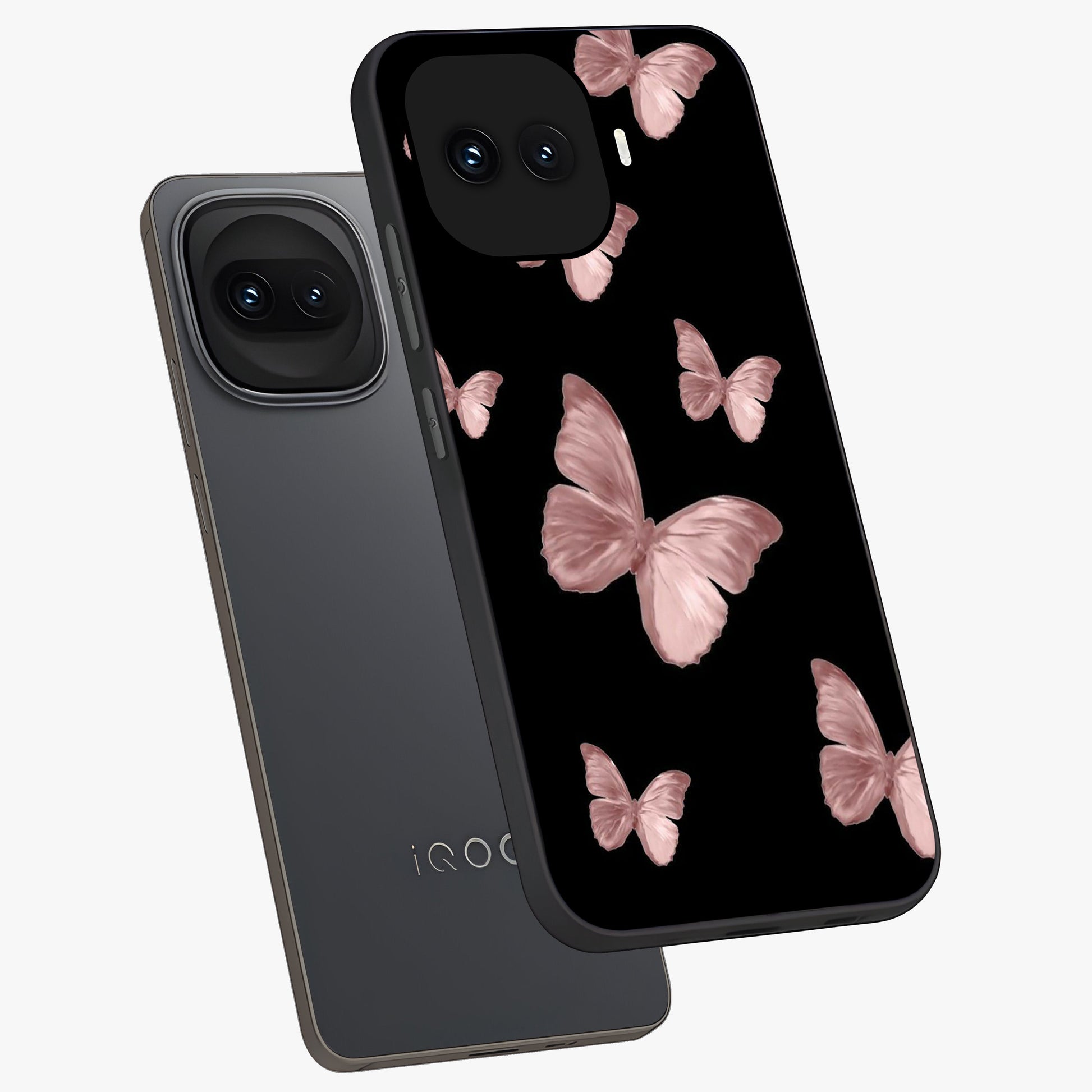 Butterfly Pattern Glass Case displayed in angled mockup highlighting delicate butterfly design and aesthetic pattern style.