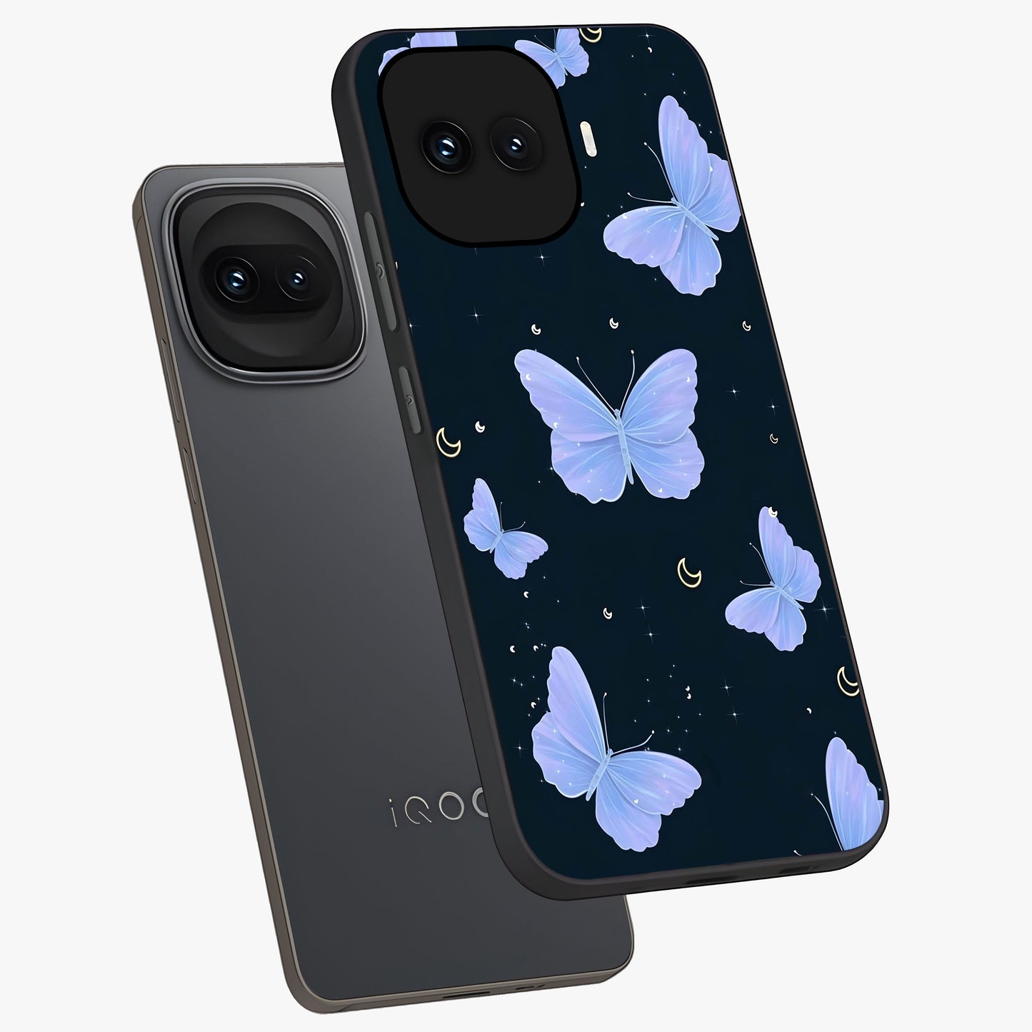 Butterfly With Stars Pattern Glass Case displayed in angled mockup highlighting dreamy butterfly and star design with aesthetic theme.
