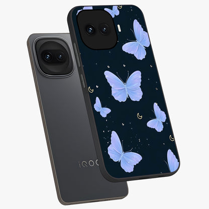 Butterfly With Stars Pattern Glass Case displayed in angled mockup highlighting dreamy butterfly and star design with aesthetic theme.