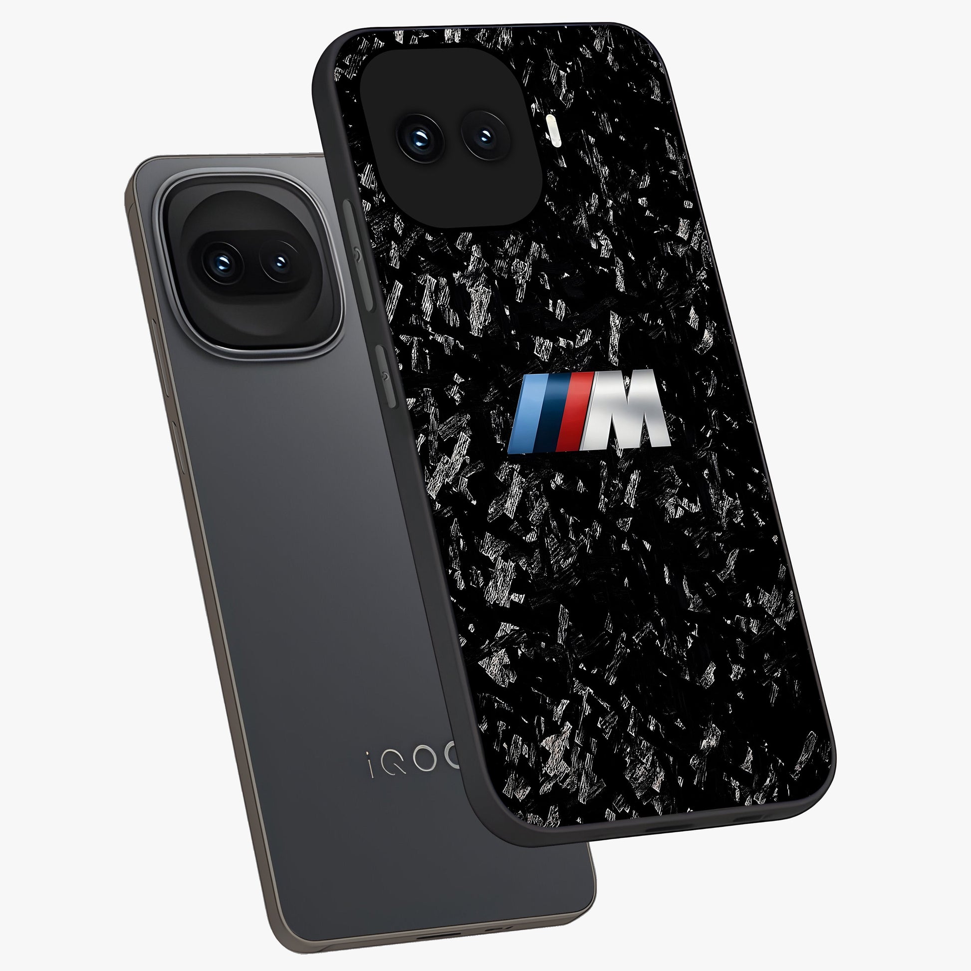 Carbon Speed Mark Glass Case displayed in angled mockup highlighting racing inspired carbon design and sleek aesthetic style.