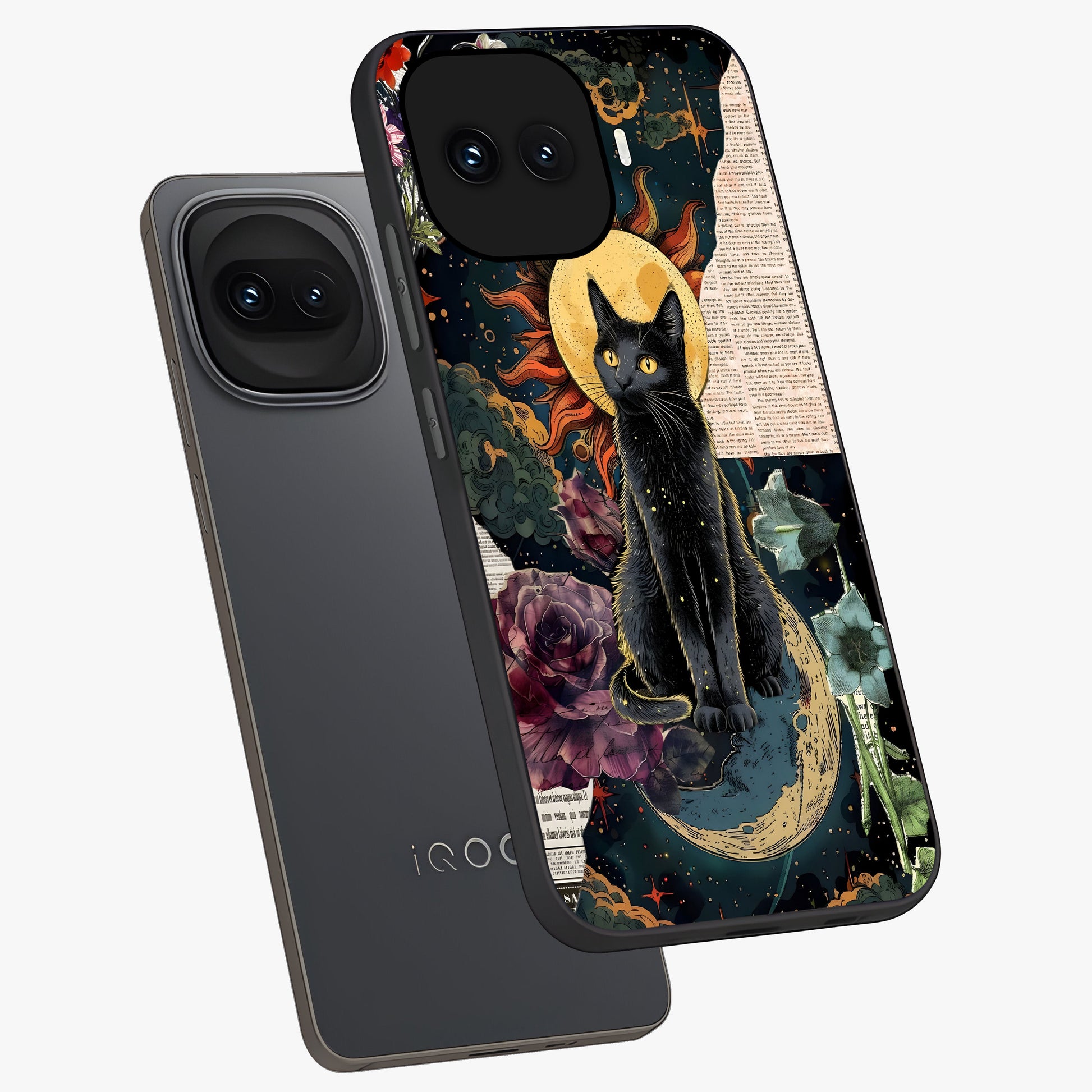 Celestial Black Cat Glass Case displayed in angled mockup highlighting cosmic black cat design with celestial aesthetic.