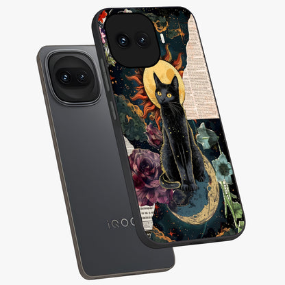 Celestial Black Cat Glass Case displayed in angled mockup highlighting cosmic black cat design with celestial aesthetic.