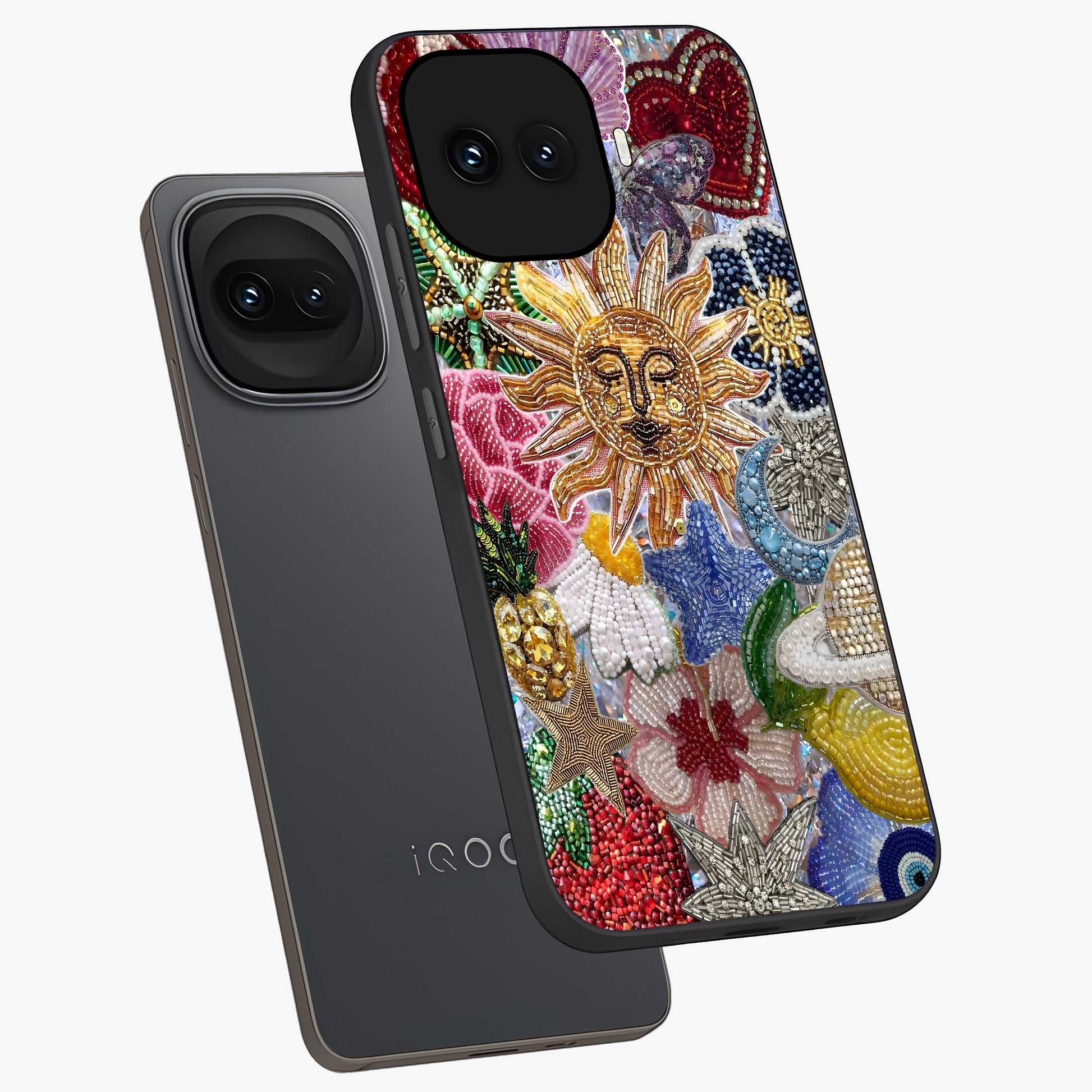 Celestial Floral and Playful Glass Case displayed in angled mockup highlighting playful floral design with dreamy celestial elements.