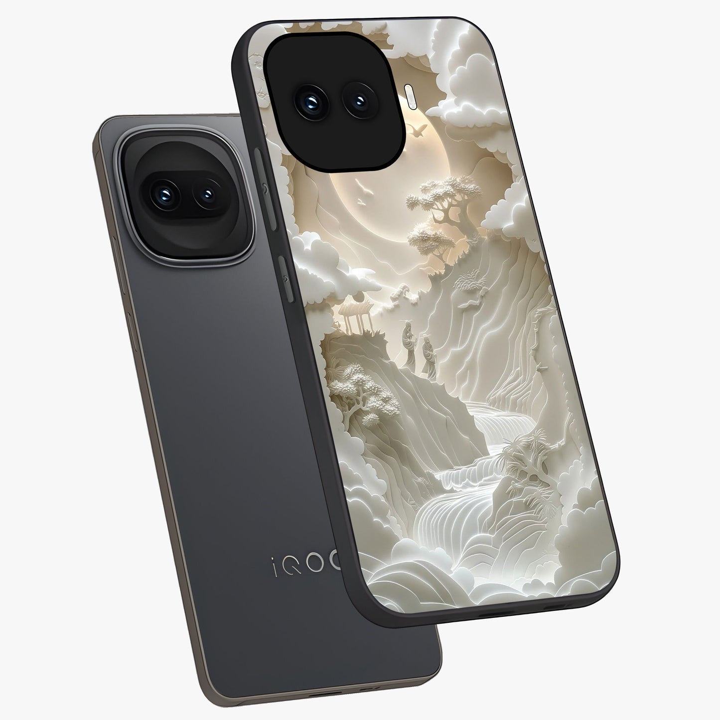 Celestial Origami Glass Case displayed in angled mockup highlighting geometric origami design with cosmic aesthetic theme.