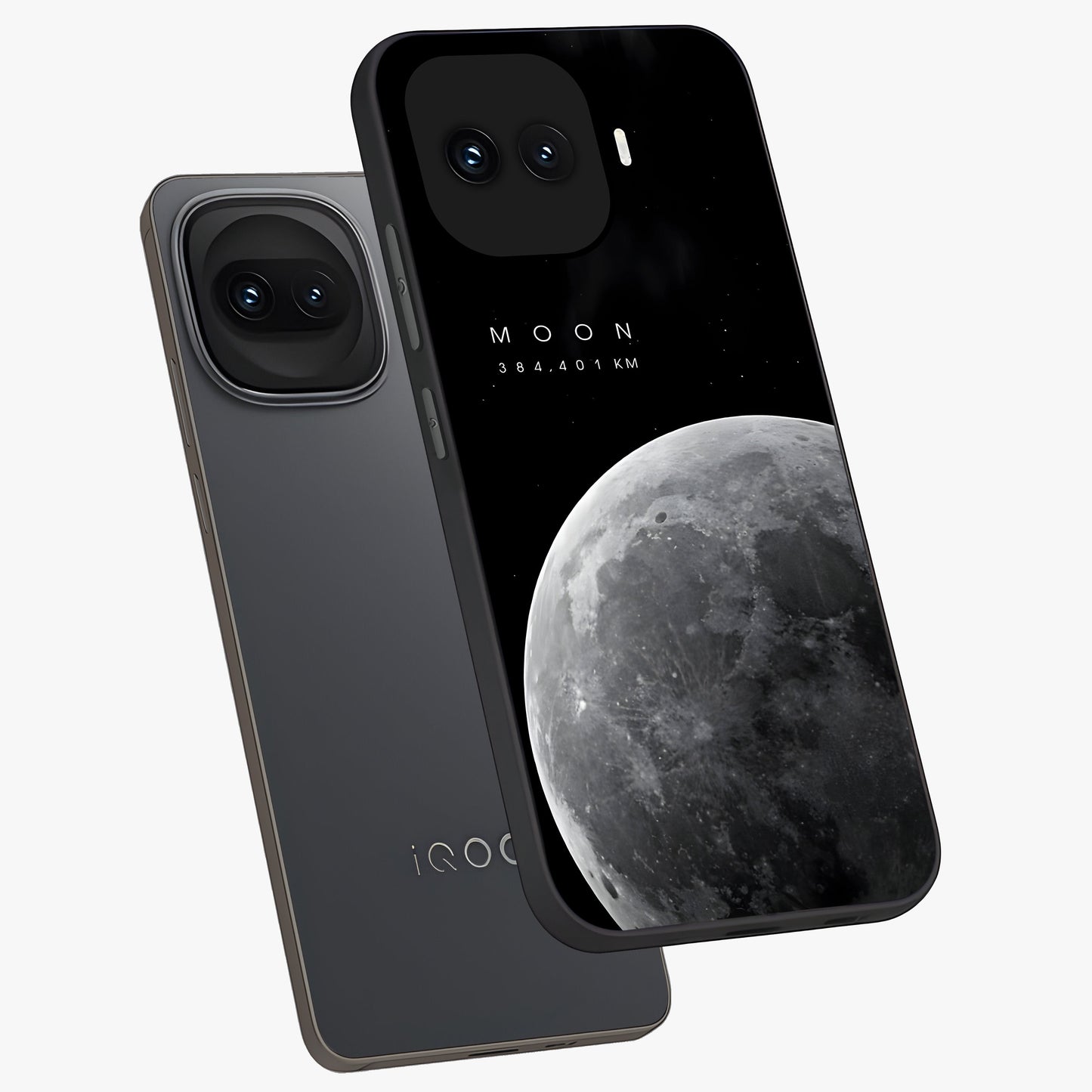 Cosmic Moon Glow Glass Case displayed in angled mockup highlighting celestial moon design with cosmic aesthetic theme.