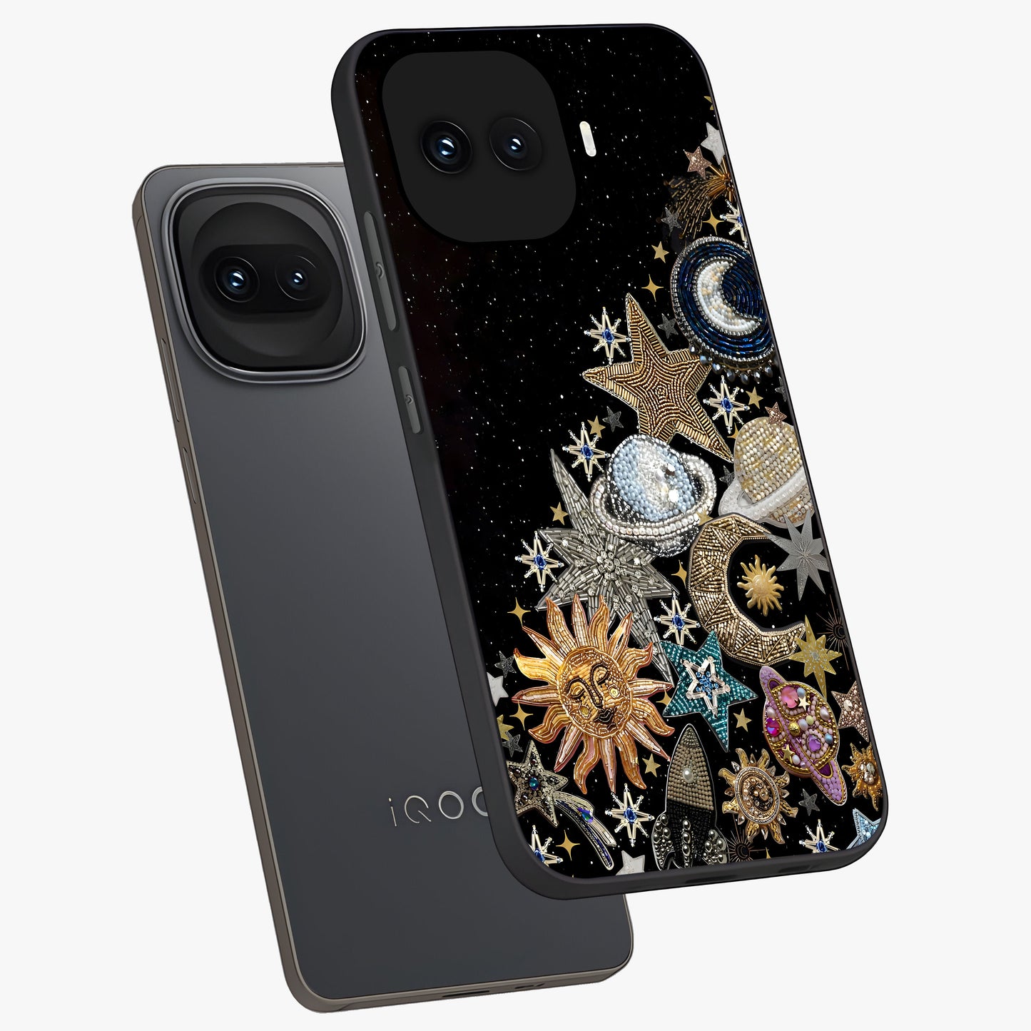 Cosmic Sparkle Dreams Glass Case displayed in angled mockup highlighting dreamy star sparkle design with celestial aesthetic.