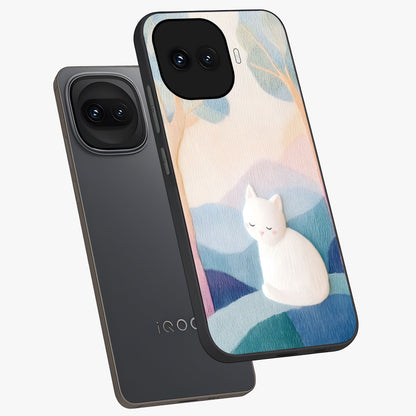 Cotton Dream Cat Glass Case displayed in angled mockup highlighting cute feline illustration with pastel aesthetic style.