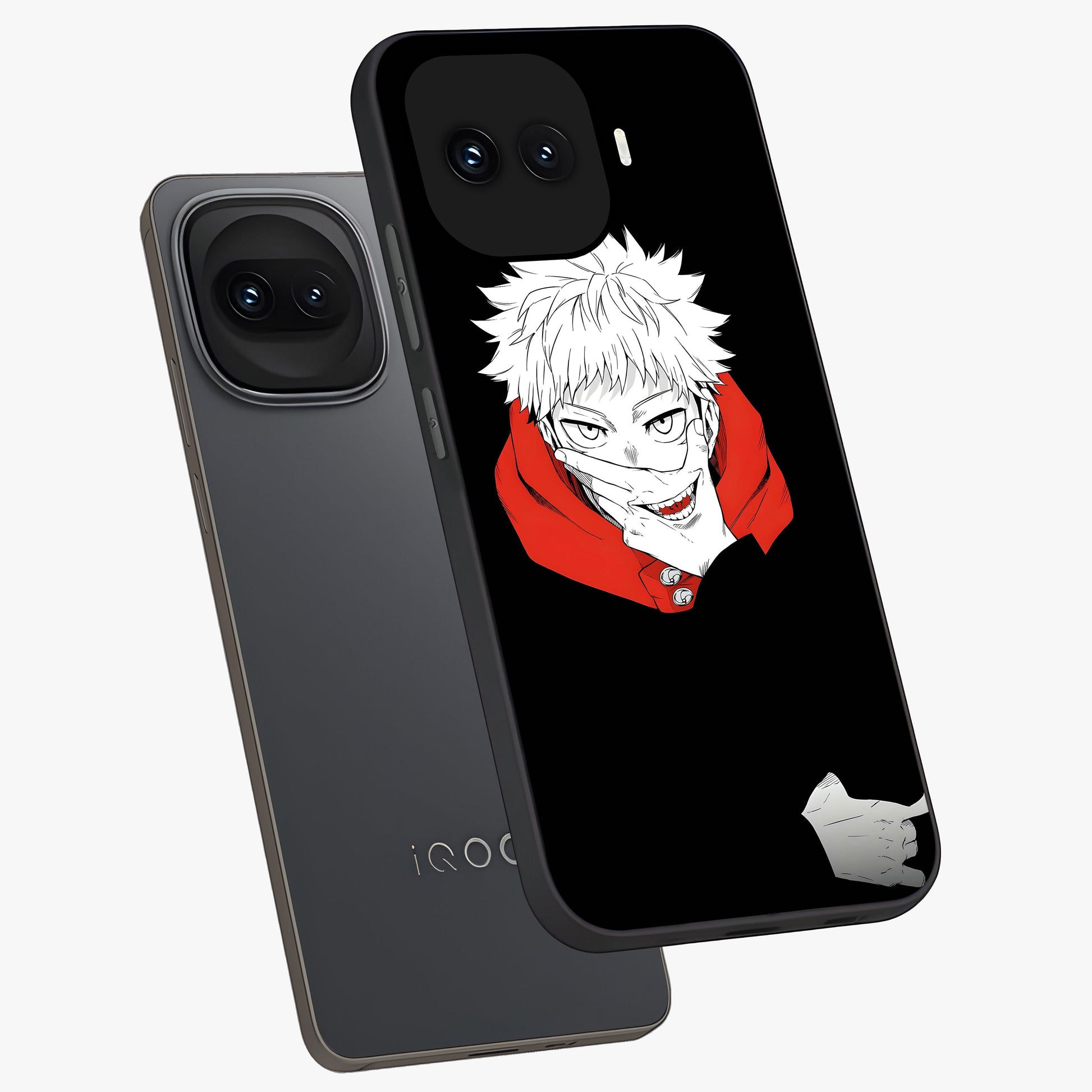 Crimson Chaos Smile Glass Case displayed in angled mockup highlighting edgy crimson smile design with graphic aesthetic.