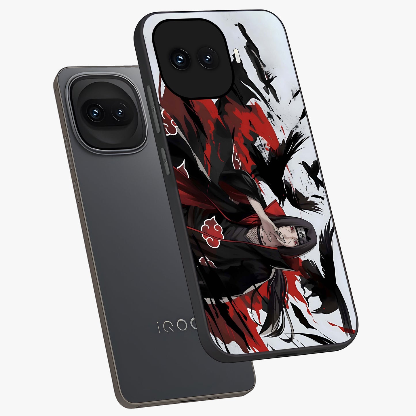 Crimson Crow Illusion Glass Case displayed in angled mockup highlighting mysterious crow graphic with dark aesthetic style.