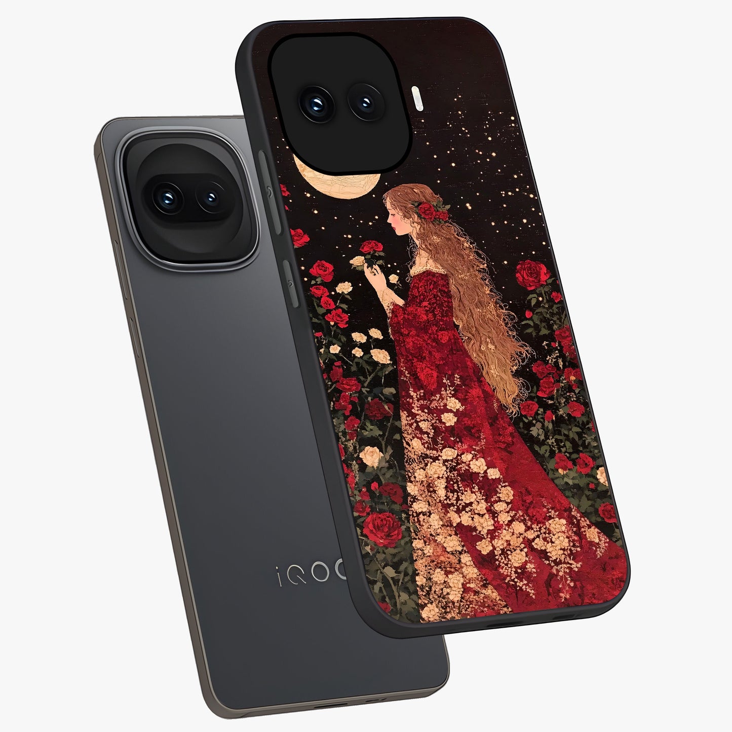 Crimson Dreams Glass Case displayed in angled mockup highlighting soft crimson aesthetic design with artistic theme.