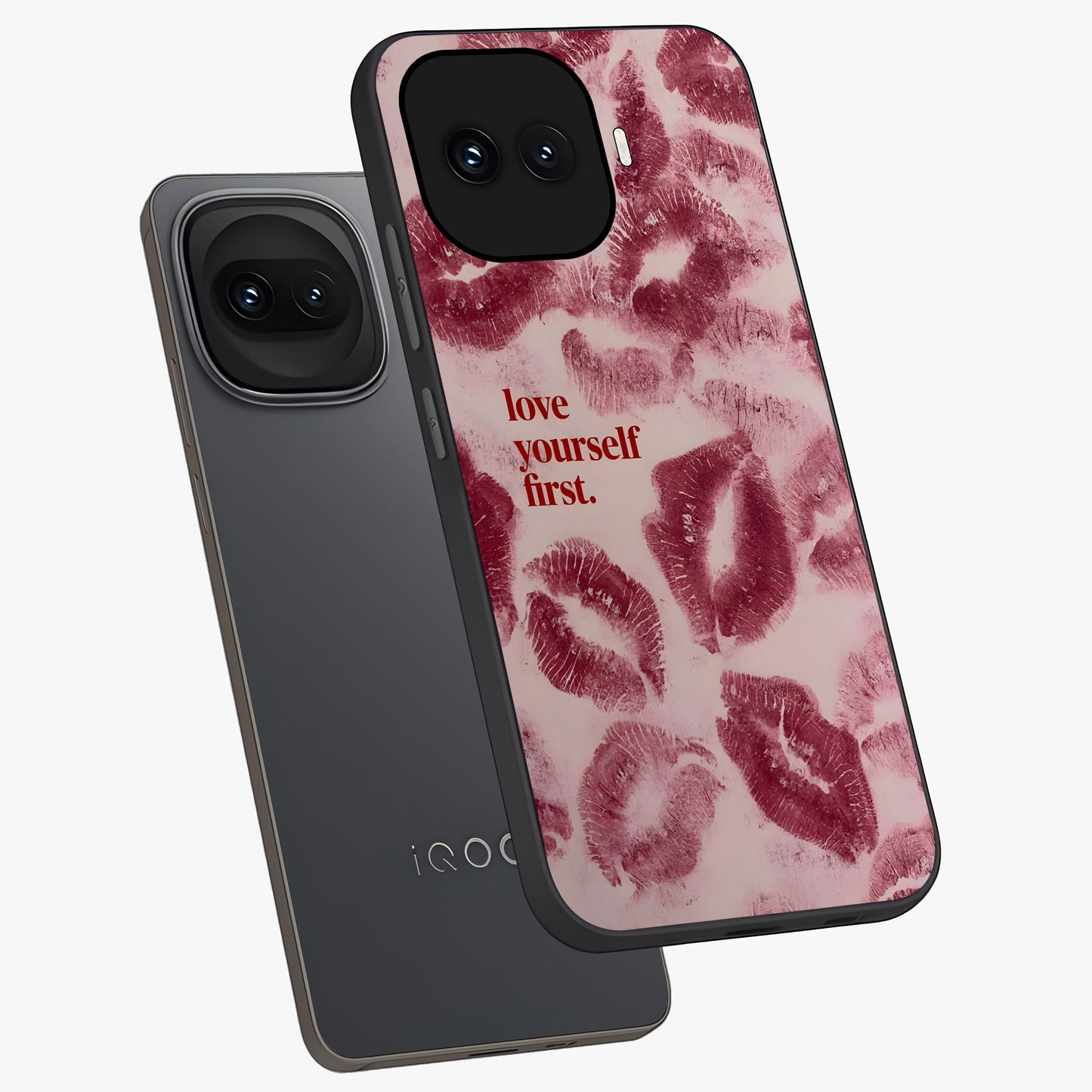 Crimson Kiss Love Glass Case displayed in angled mockup highlighting bold love inspired design with modern aesthetic style.