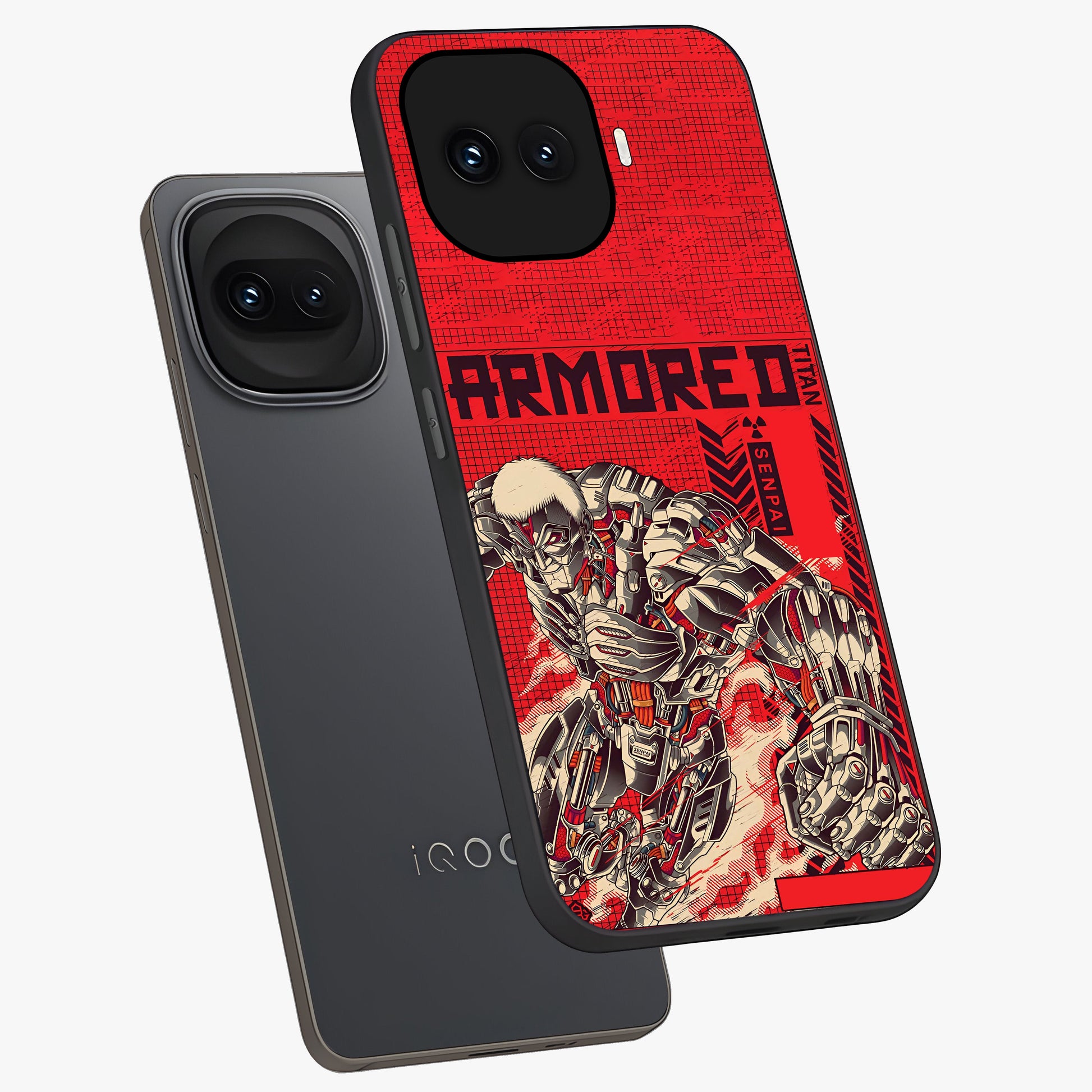 Crimson Mecha Titan Glass Case displayed in angled mockup highlighting futuristic mech illustration with bold crimson aesthetic.
