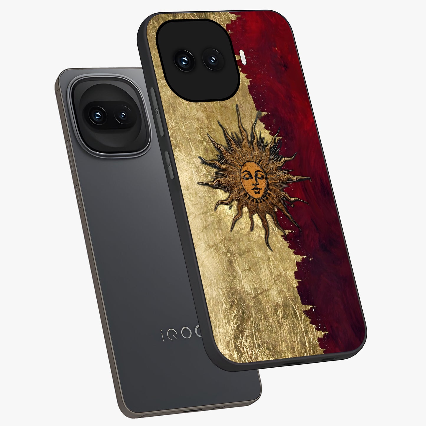 Crimson Sun Majesty Glass Case displayed in angled mockup highlighting majestic crimson sun design with bold aesthetic style.