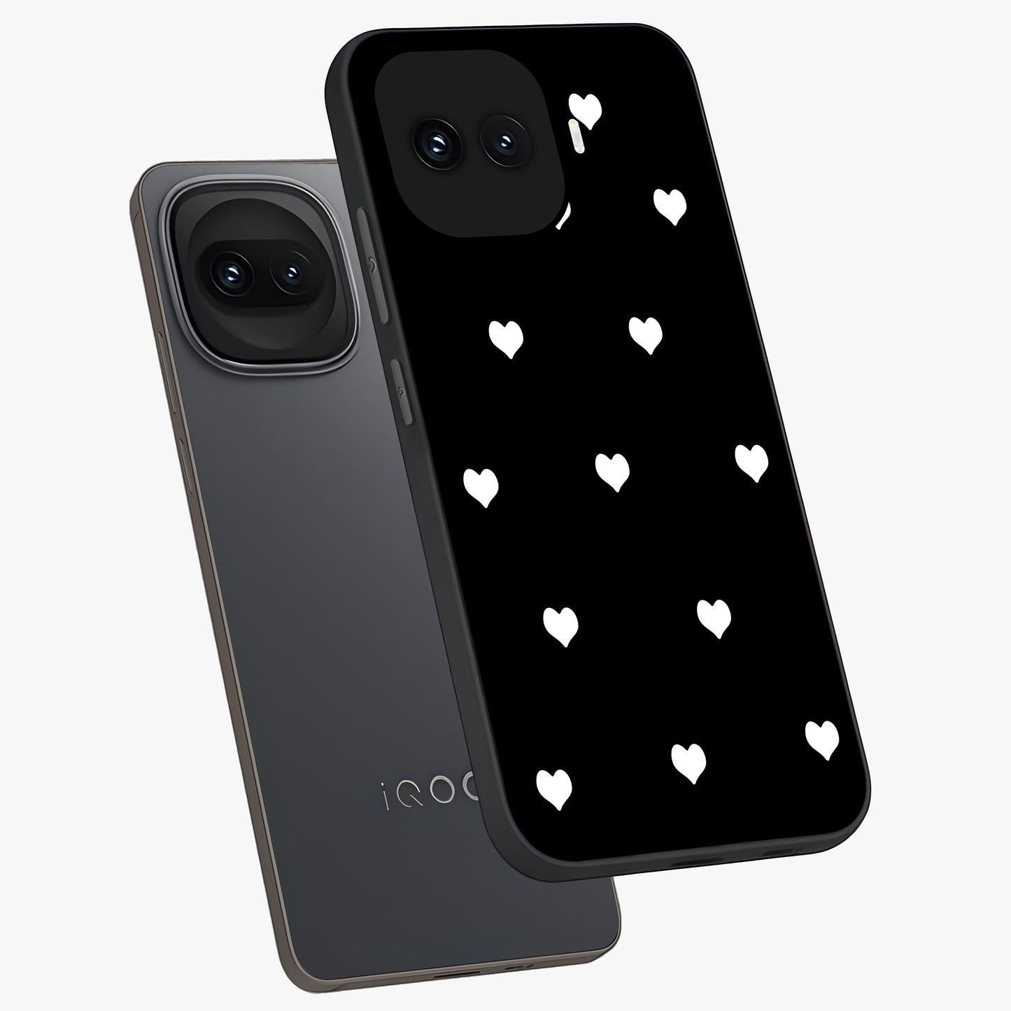 Cute And Simple White Hearts Glass Case displayed in angled mockup highlighting cute heart design with clean aesthetic style.