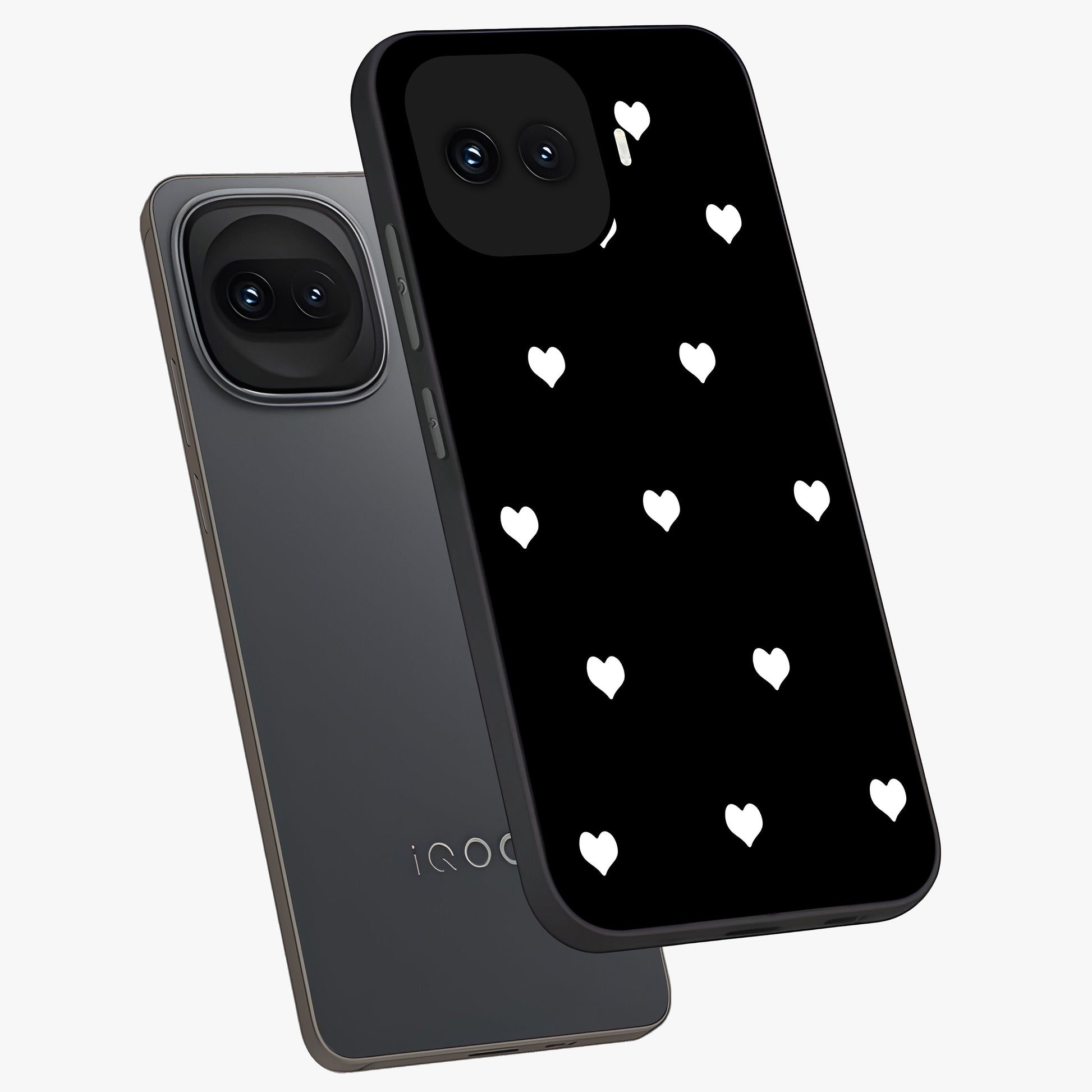 Cute And Simple White Hearts Glass Case displayed in angled mockup highlighting cute heart design with clean aesthetic style.