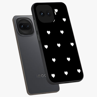 Cute And Simple White Hearts Glass Case displayed in angled mockup highlighting cute heart design with clean aesthetic style.