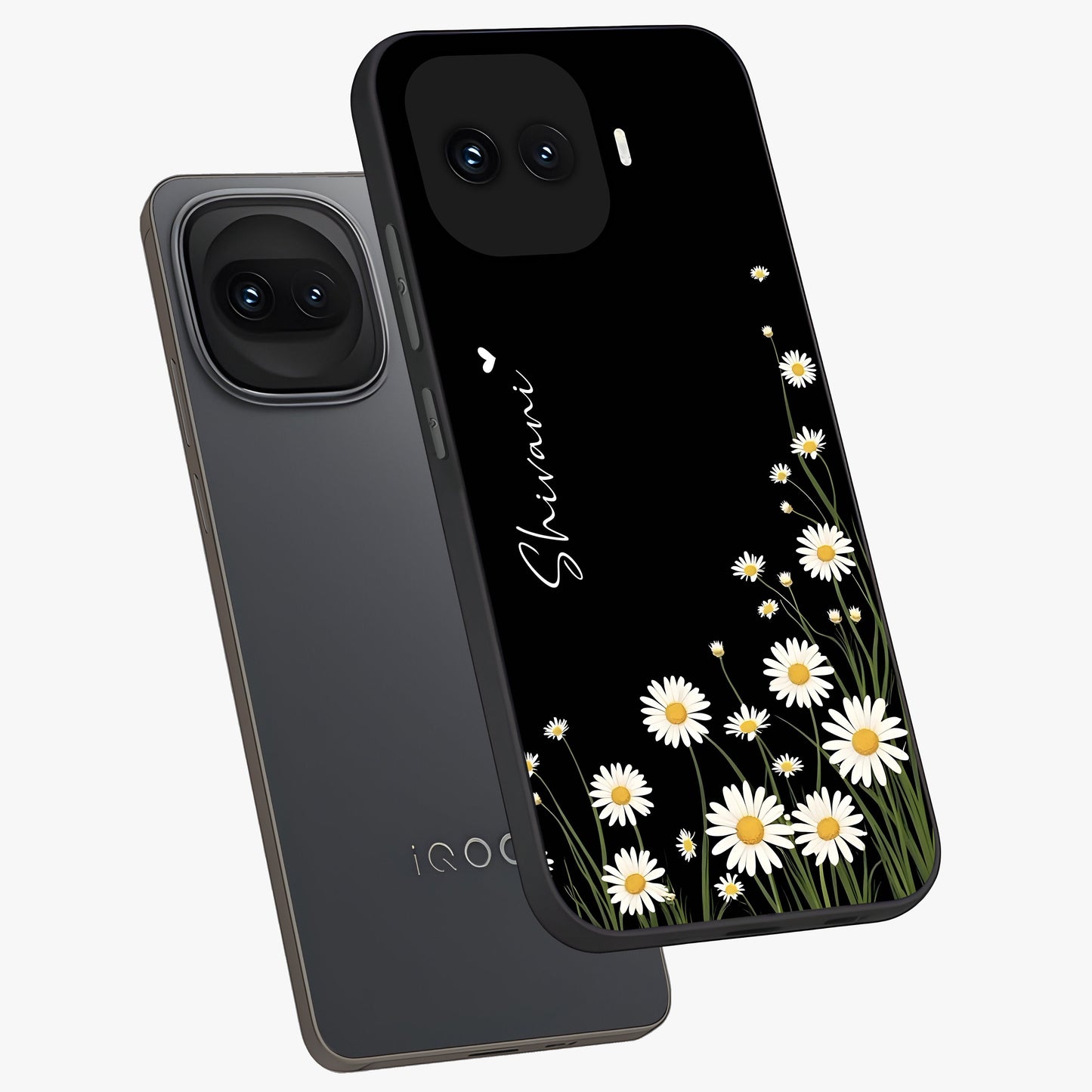 Daisy Cascade Custom Name Glass Case displayed in angled mockup highlighting delicate daisy artwork with custom name feature.