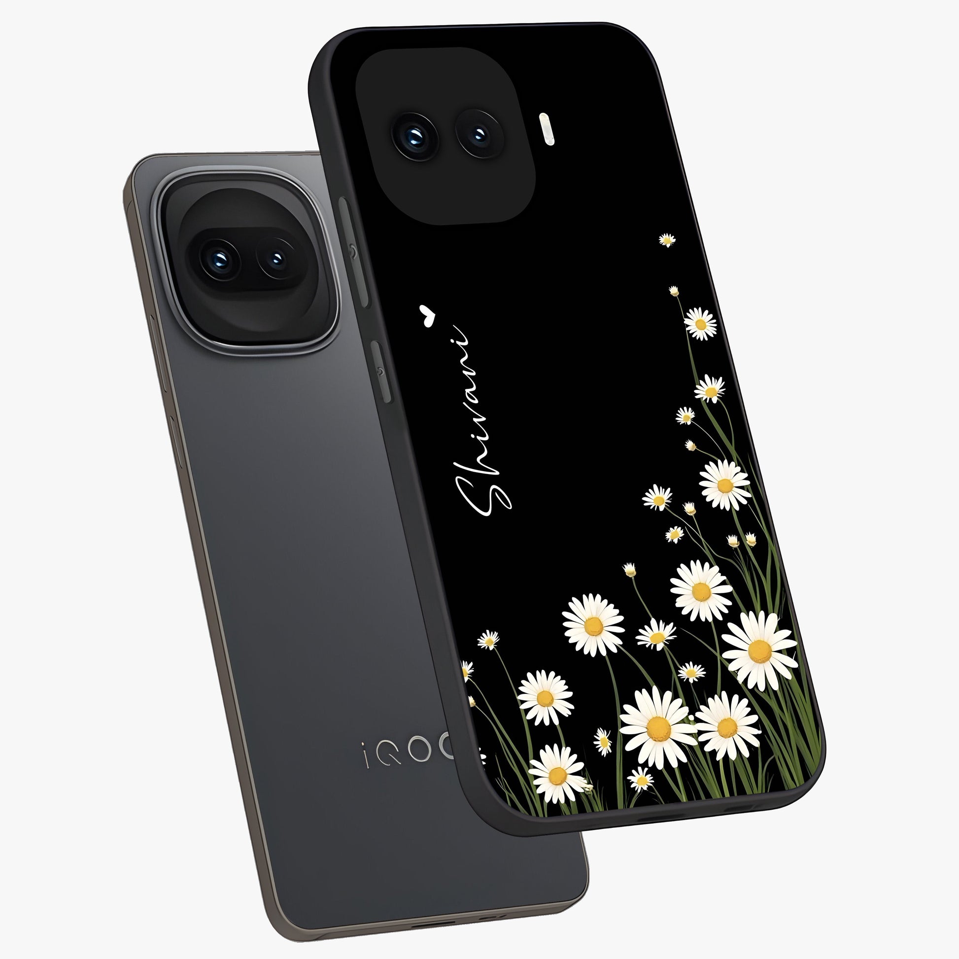 Daisy Cascade Custom Name Glass Case displayed in angled mockup highlighting delicate daisy artwork with custom name feature.